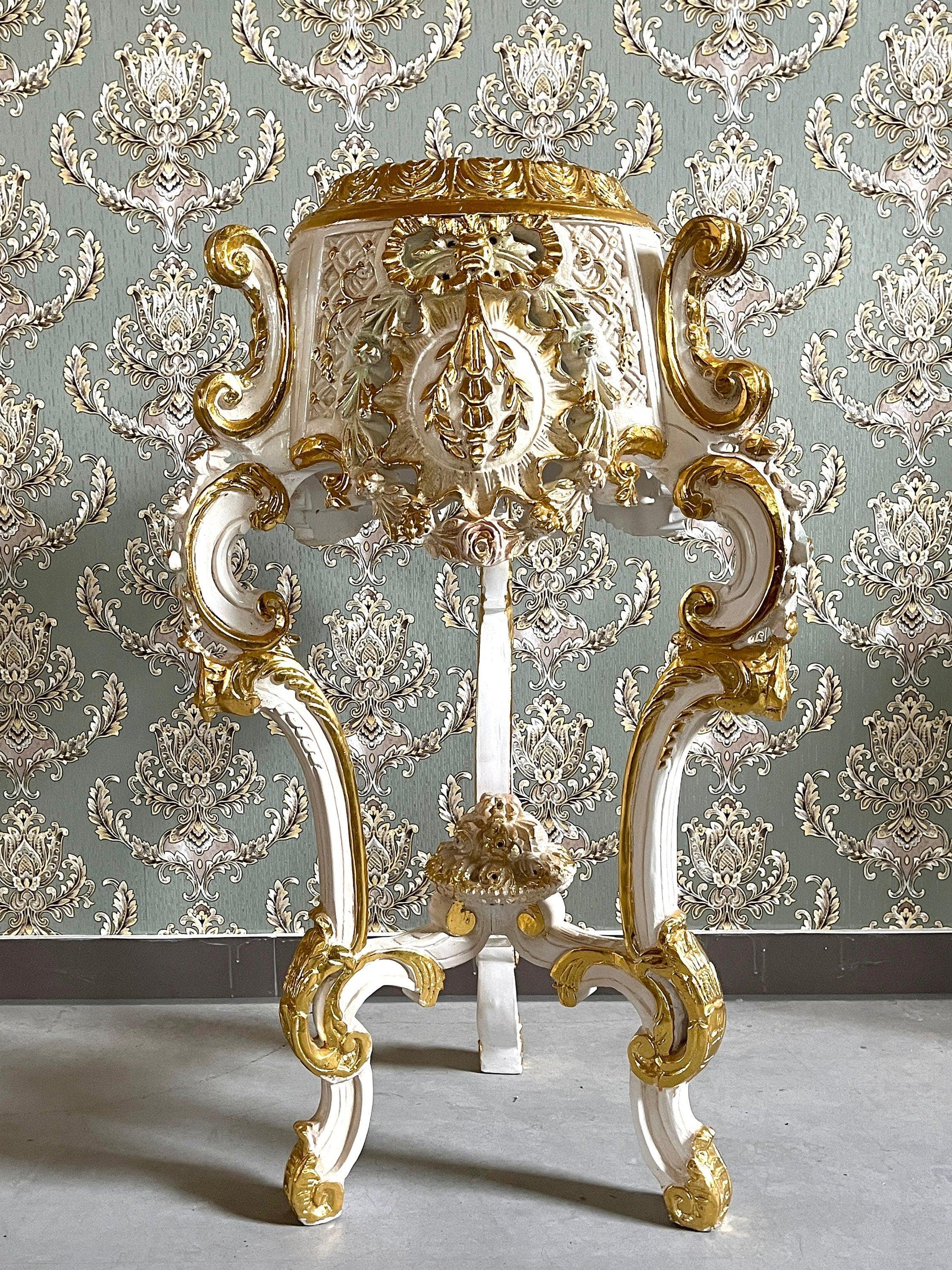 Deluxe Column French Baroque Style with Marble Slab Top Royal Home Decor Column in Gold Finish and Beige Marble