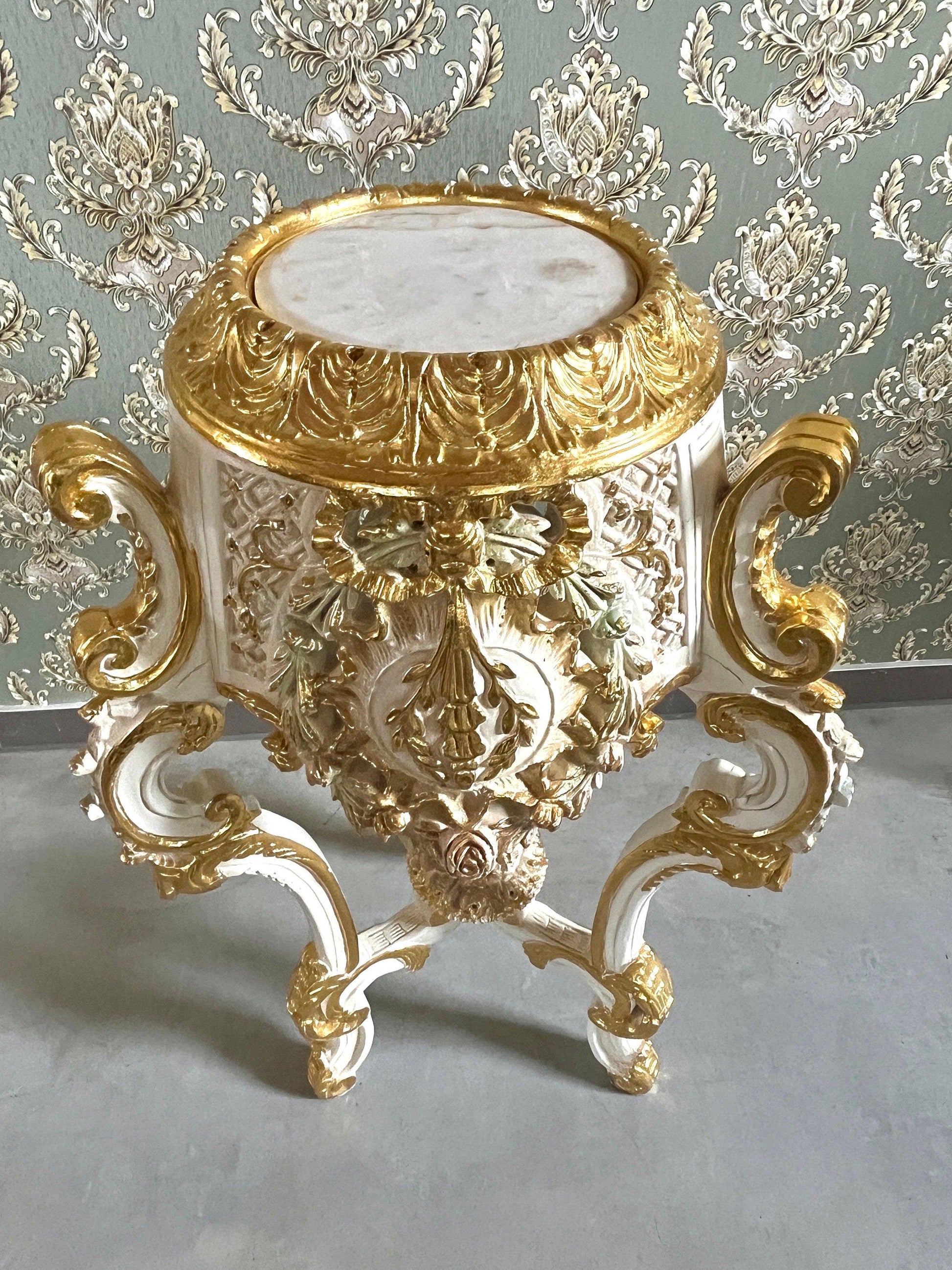 Deluxe Column French Baroque Style with Marble Slab Top Royal Home Decor Column in Gold Finish and Beige Marble