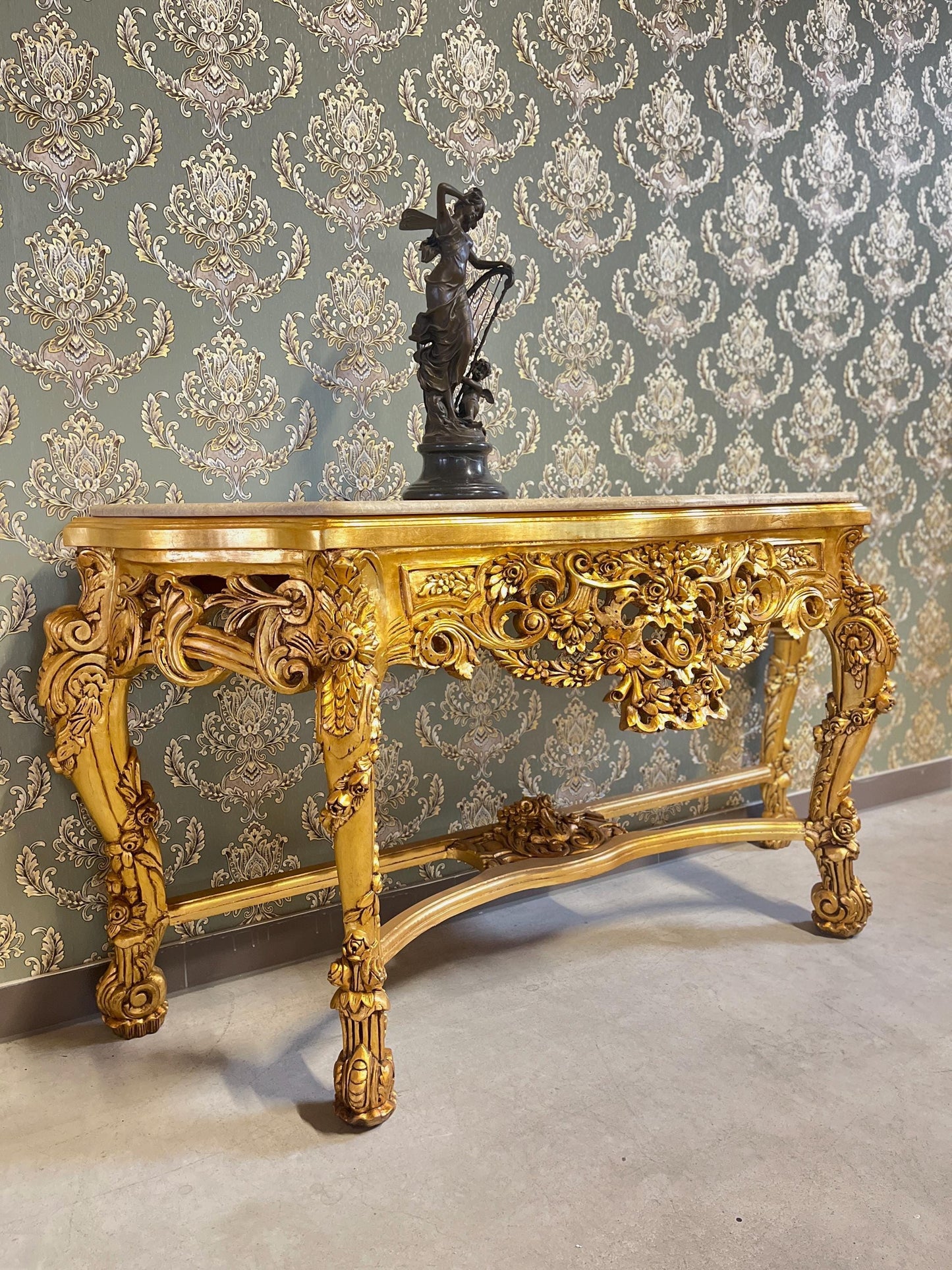 Console Table French Antique Style in Solid Wood Brown and Marble Slab Top Table Retro Baroque Style Gorgeous for Home Decor