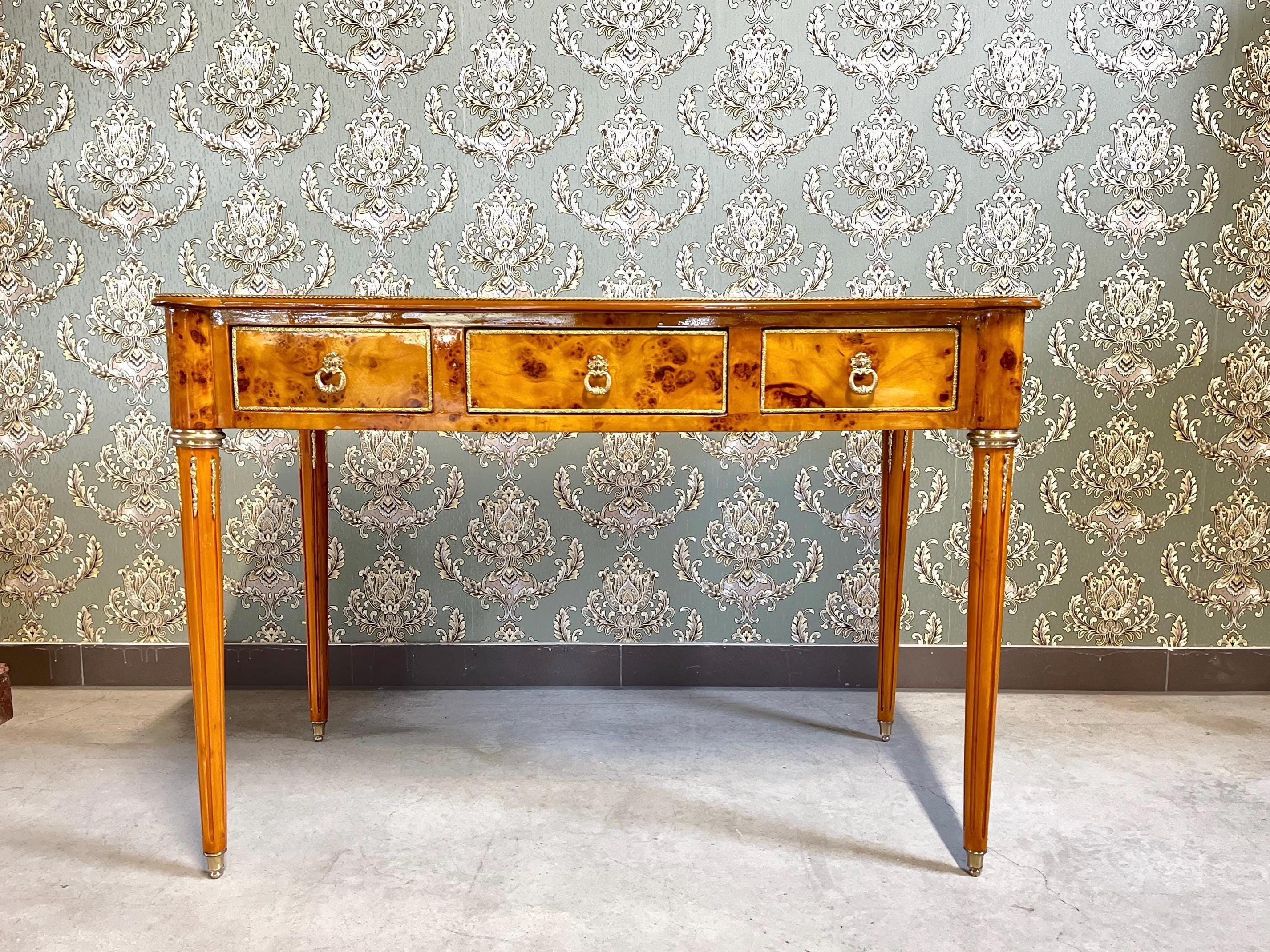 Luxury Desk Antique Baroque Style Writing Table 3 Drawers Handmade Desk Italian Style Bronze Handles in Yellow Wooden Veneer-LIMITED EDITION