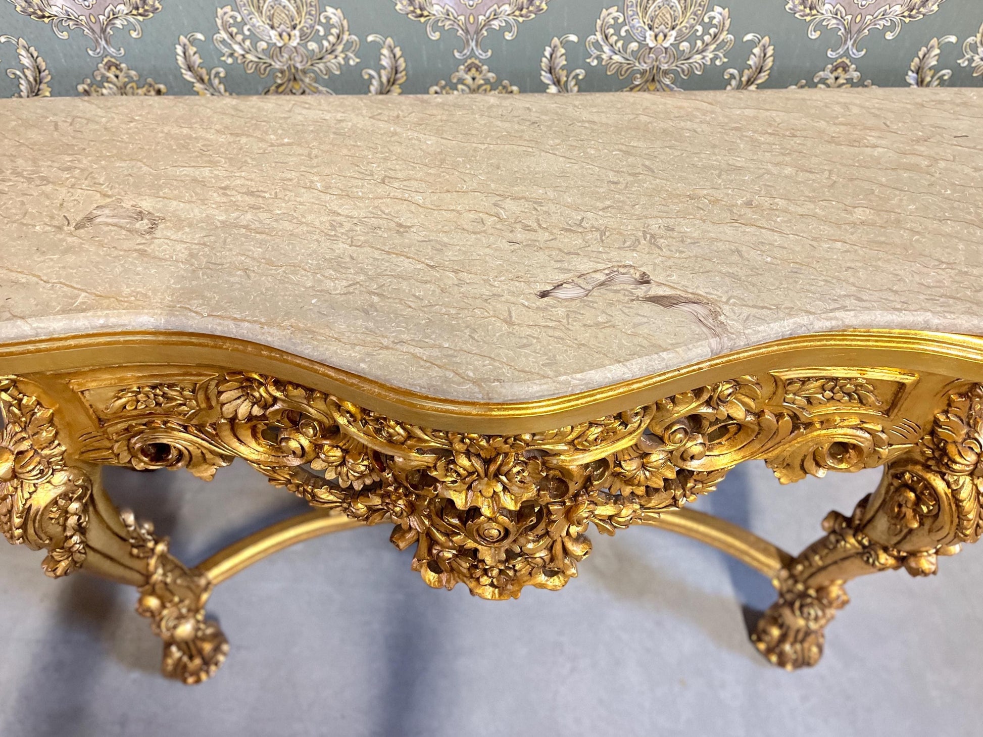 Console Table French Antique Style in Solid Wood Brown and Marble Slab Top Table Retro Baroque Style Gorgeous for Home Decor