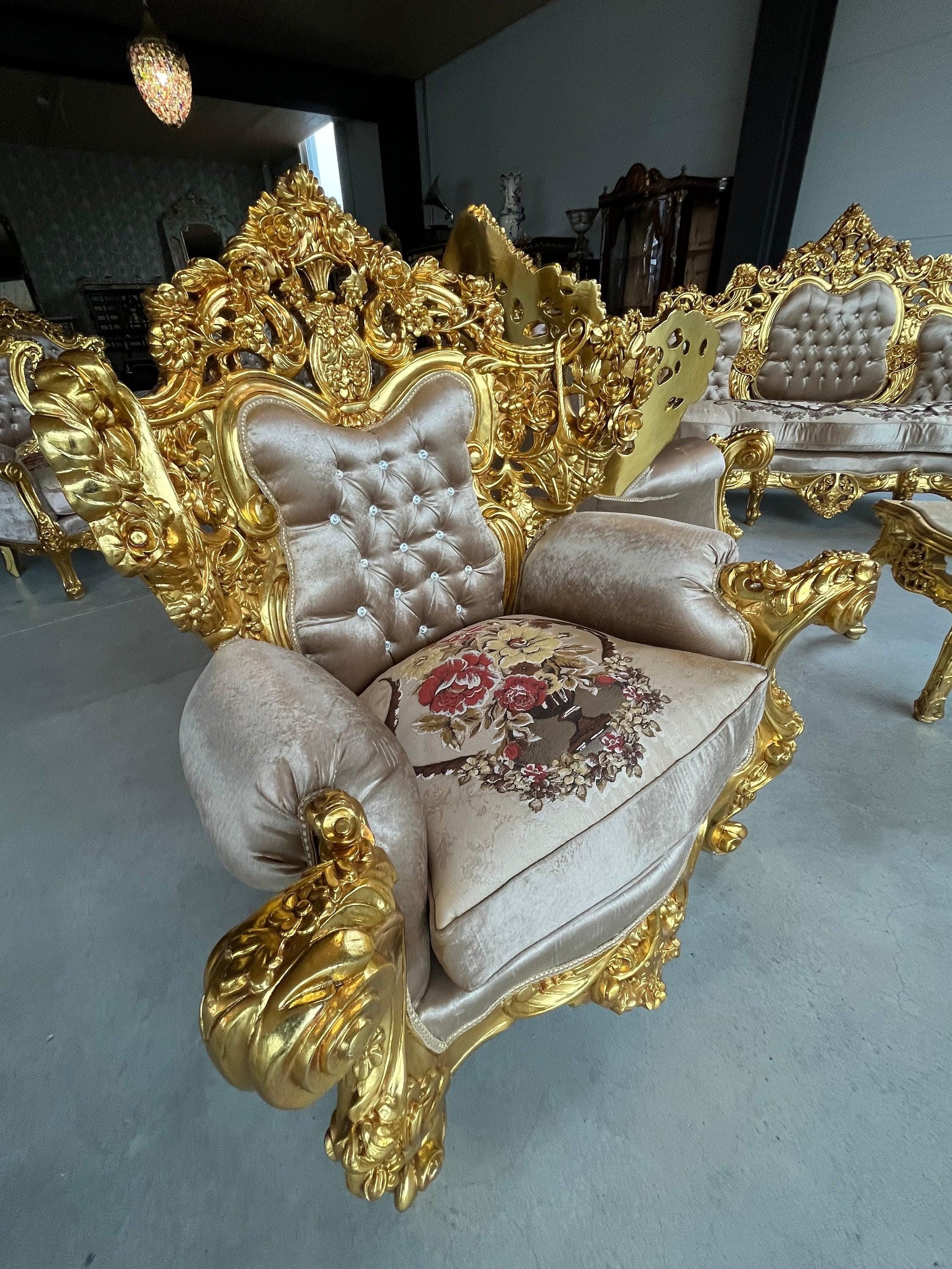 Imperial Sofa Set Royal King Sofa Set French Rococo Sofa Suite Brown Velvet Couch Set Gold Finish for Luxurious Home for Hotel Lobby Decor