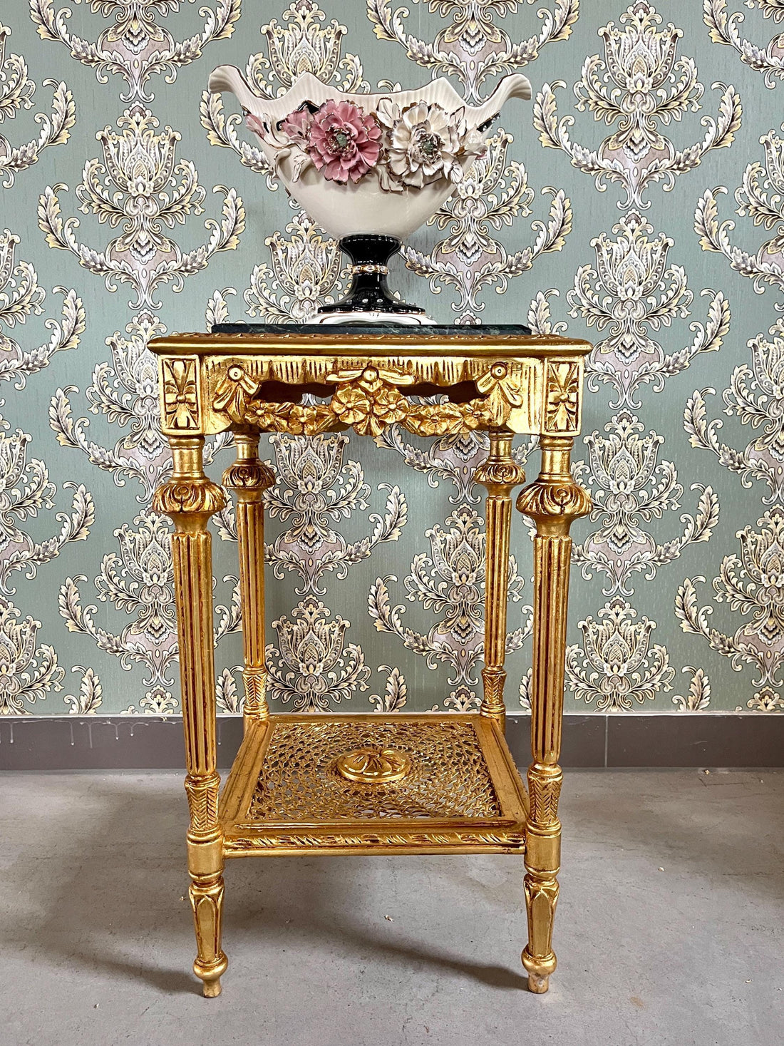 Square Side Table Marble Top Retro French Style End Table Gold Finish Barqoue Rococo Style in Greenish Marble or White Frame in Black Marble