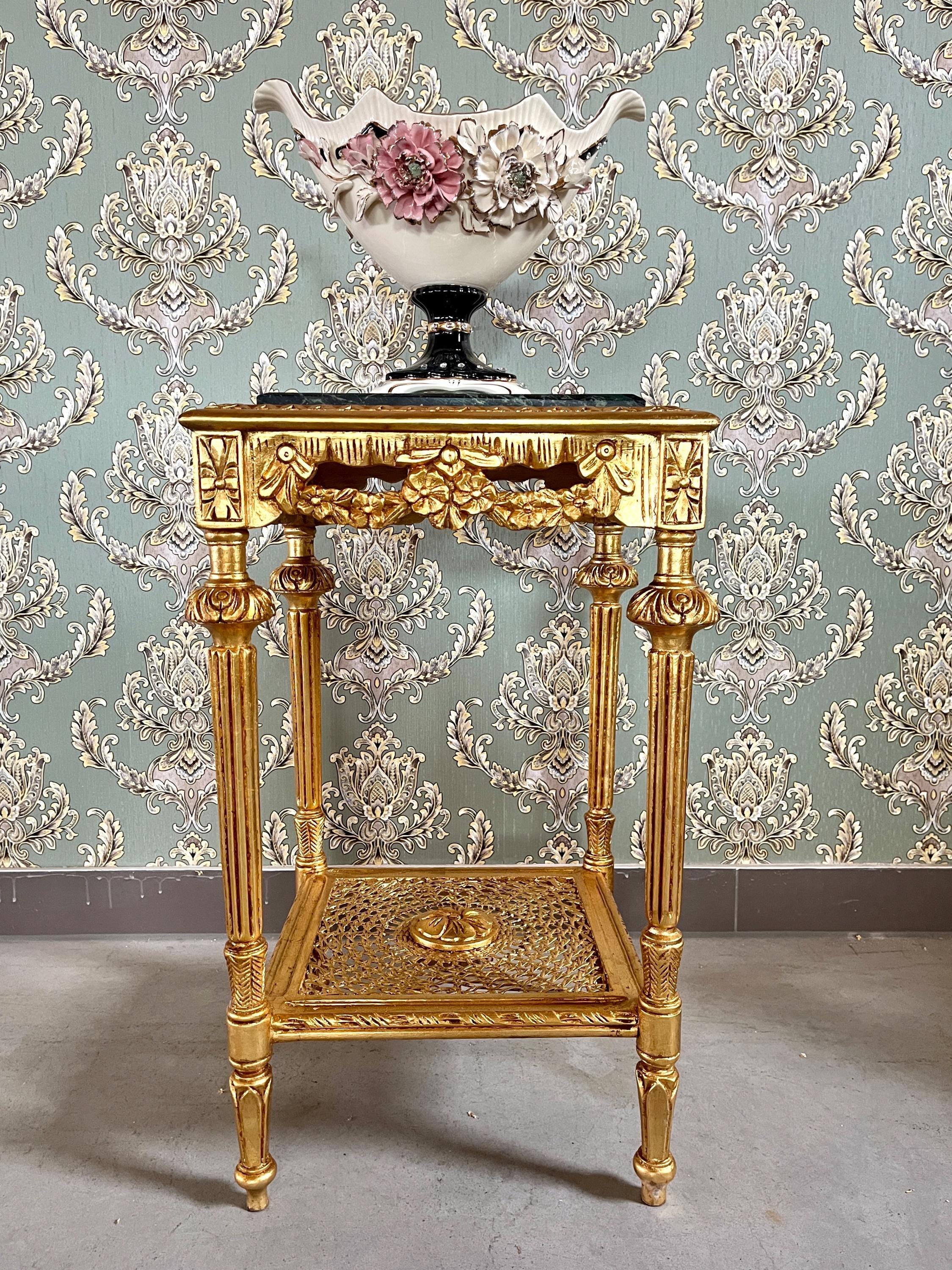 Square Side Table Marble Top Retro French Style End Table Gold Finish Barqoue Rococo Style in Greenish Marble or White Frame in Black Marble