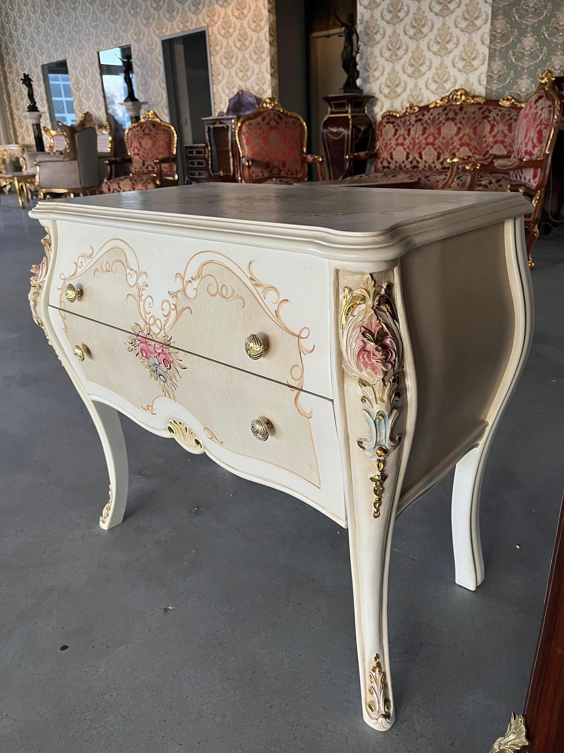 Chest of Drawer White Flower Painted French Baroque Style Dresser Home DecorBeige Color Chest of Drawer Italian Style Floral Paint for Home