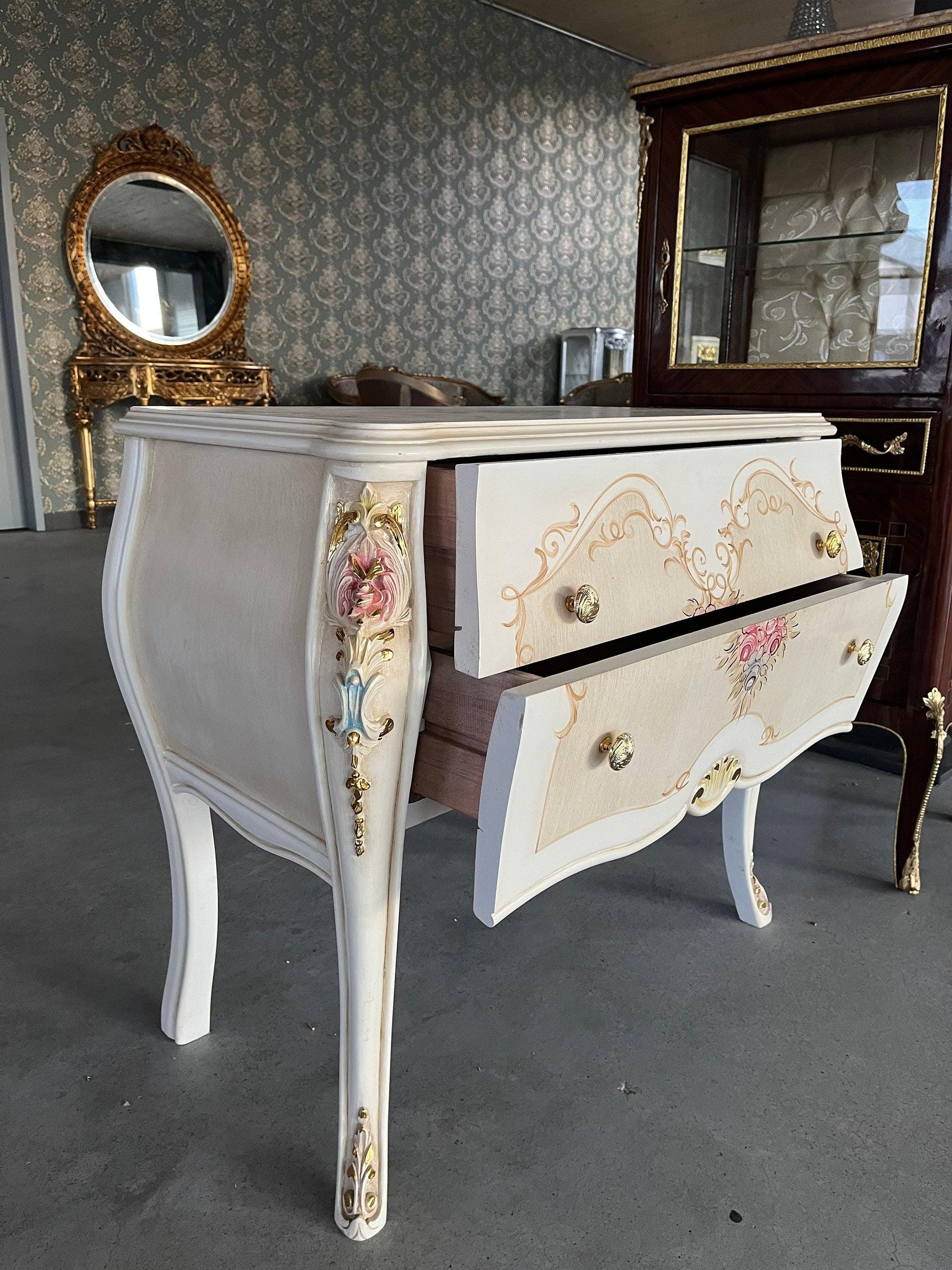 Chest of Drawer White Flower Painted French Baroque Style Dresser Home DecorBeige Color Chest of Drawer Italian Style Floral Paint for Home