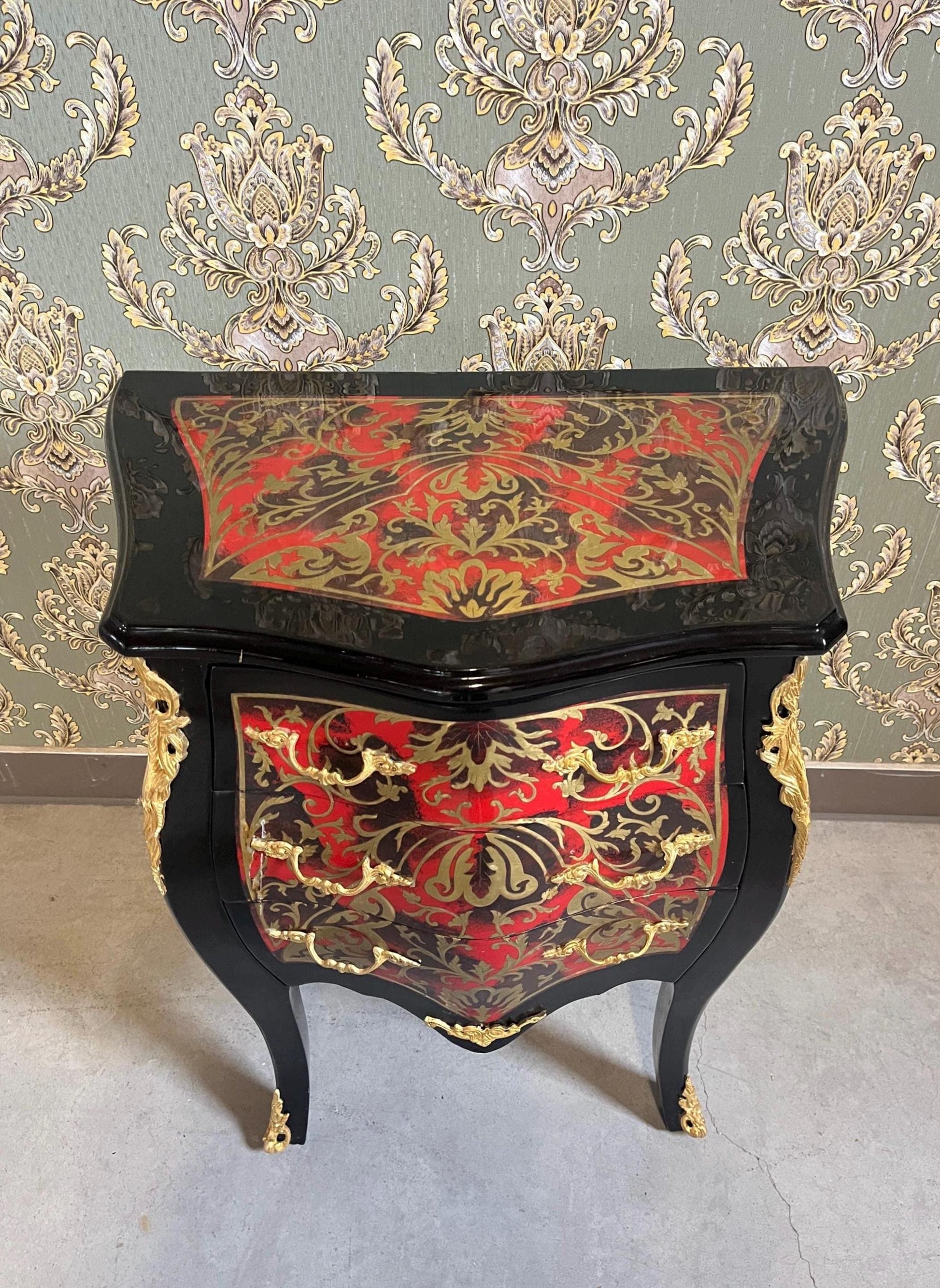 Chest of Drawers in Black Antique Baroque Style Handmade Night Stands Colorful Painting Front Side Table With Bronze Handles for Home Decor