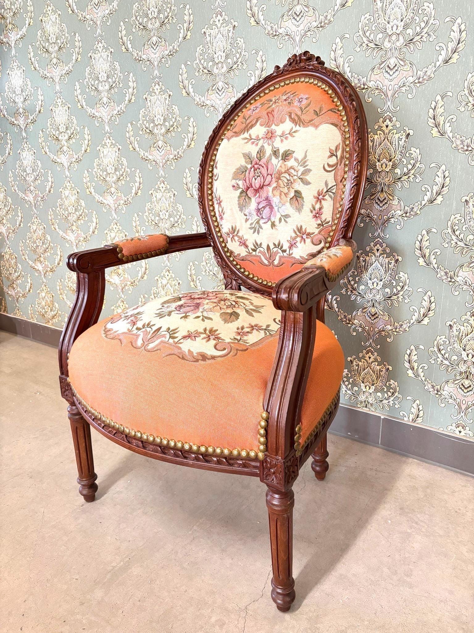 Lodge Chair Peach Red Floral Pattern Damask Wooden Armchair French Baroque Style Accent Chair Handmade Living Room Armchair for Home Decor