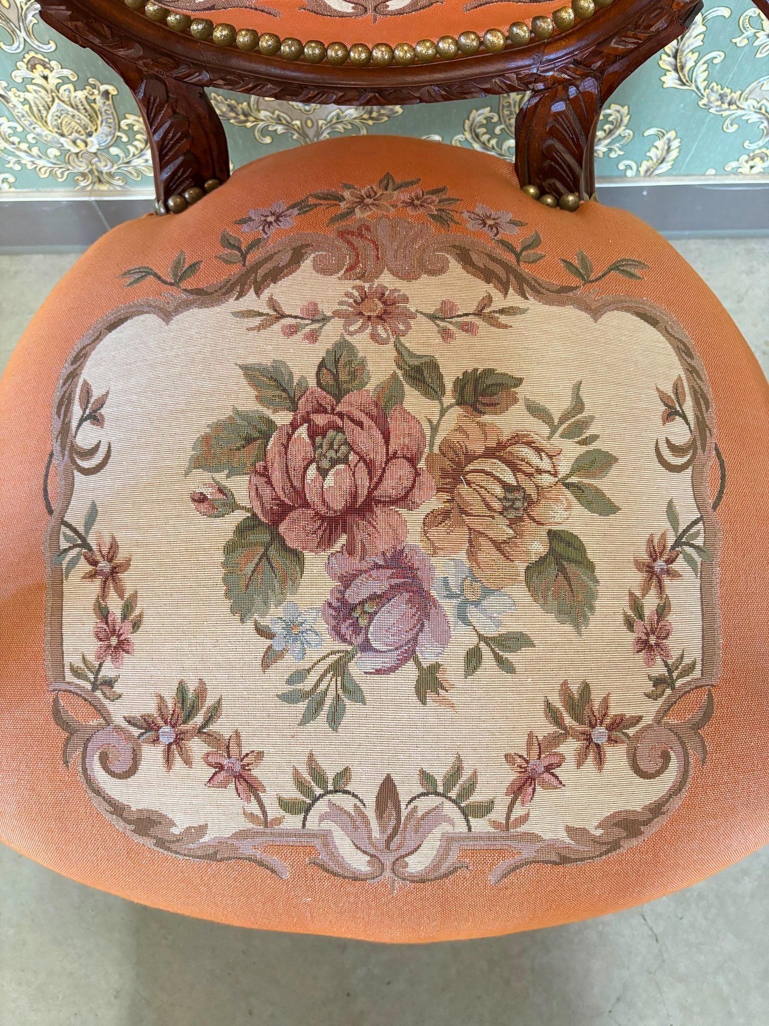 Lodge Chair Peach Red Floral Pattern Damask Wooden Armchair French Baroque Style Accent Chair Handmade Living Room Armchair for Home Decor