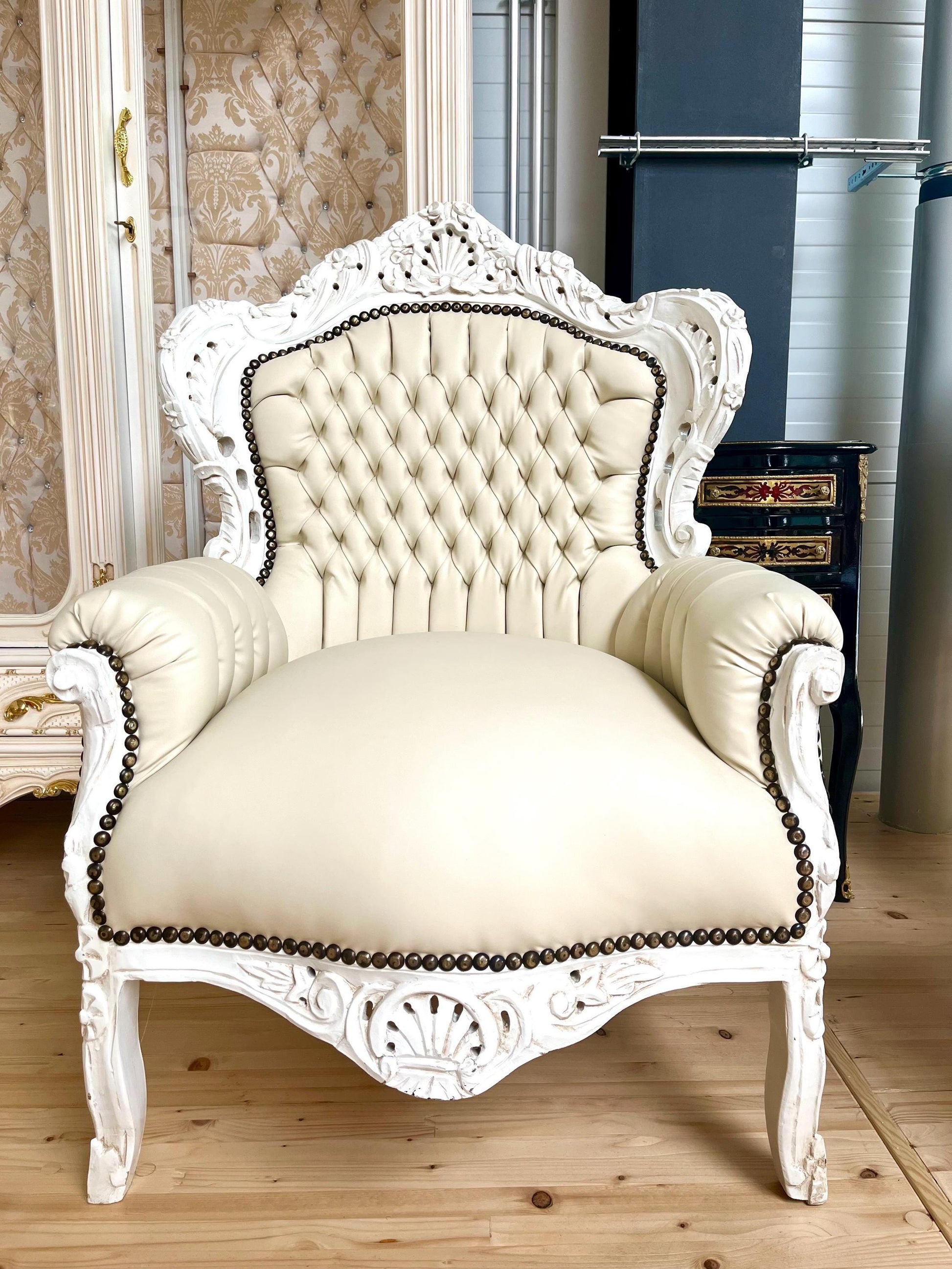 Accent Armchair French Louis XV Style in Beige Color Retro Baroque Style Chair for Living Room Handmade Armchair Home Decor