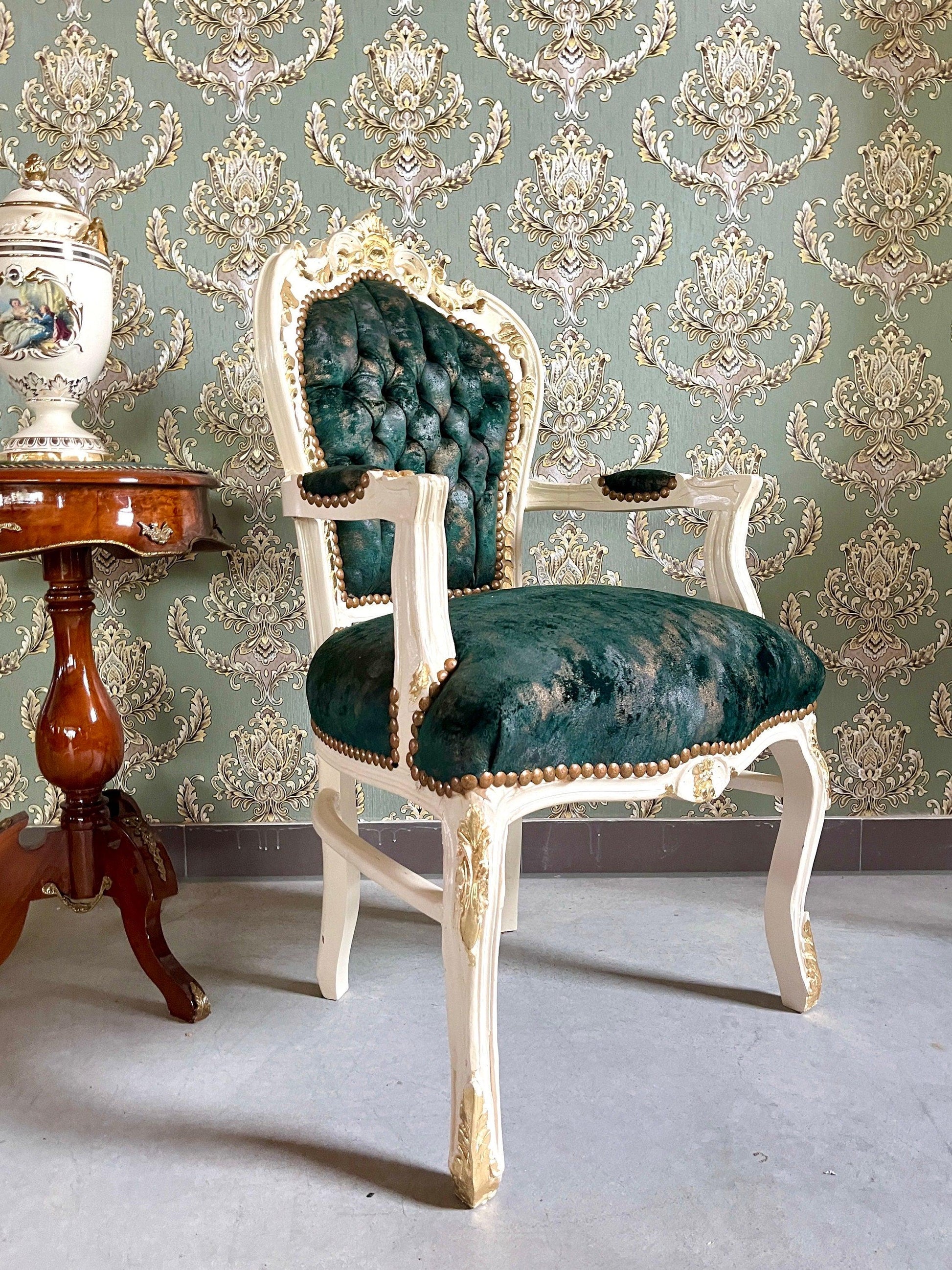 Armchair French Louis Style Velvet Forest Green Chair Baroque Rococo Antique Style Reproduction Armchair for Home Decor for Store Display