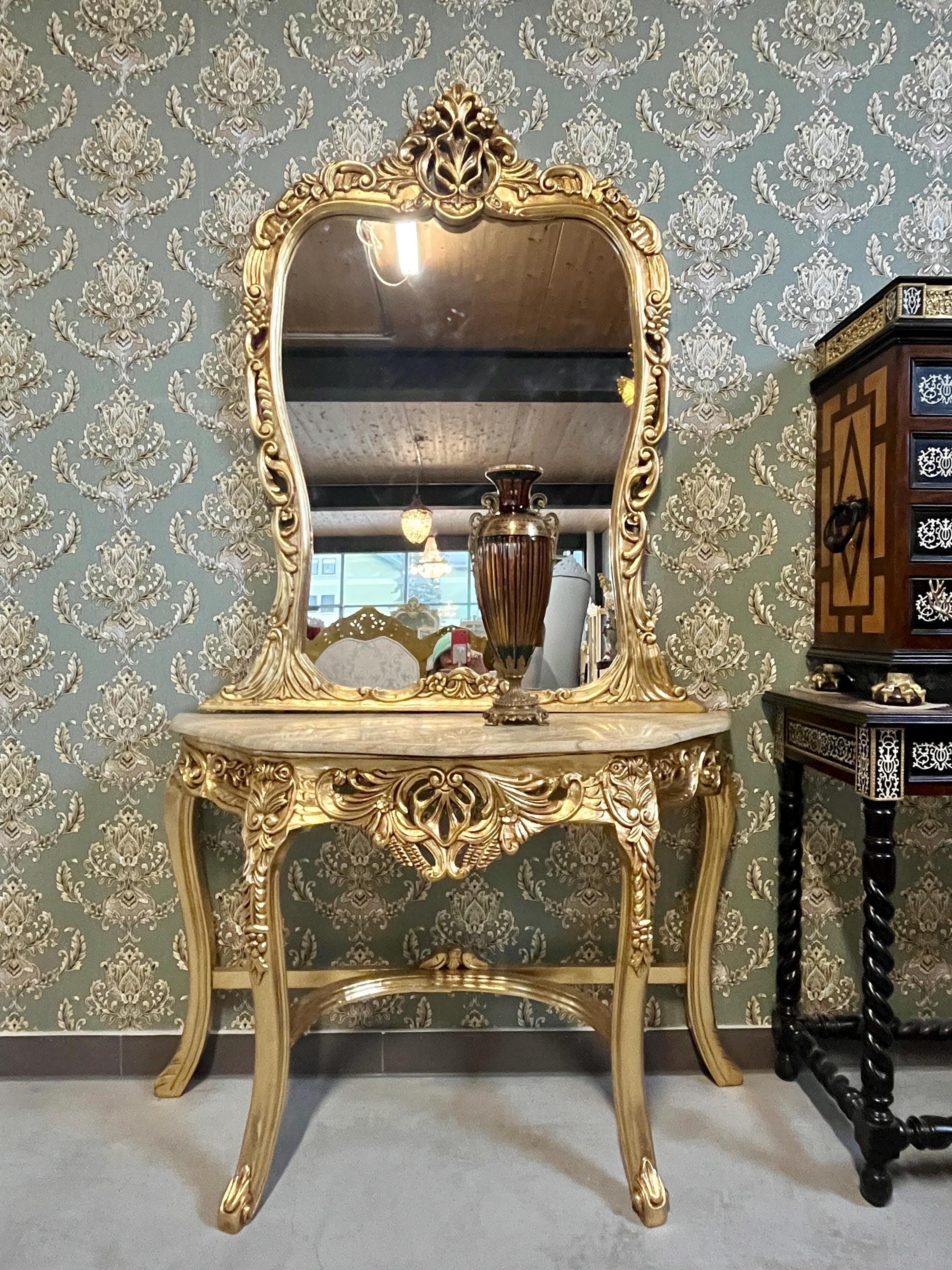 Table Console & Mirror Retro Baroque Style with Beige Marble Top Handcrafted Wooden Table in Gold Finish