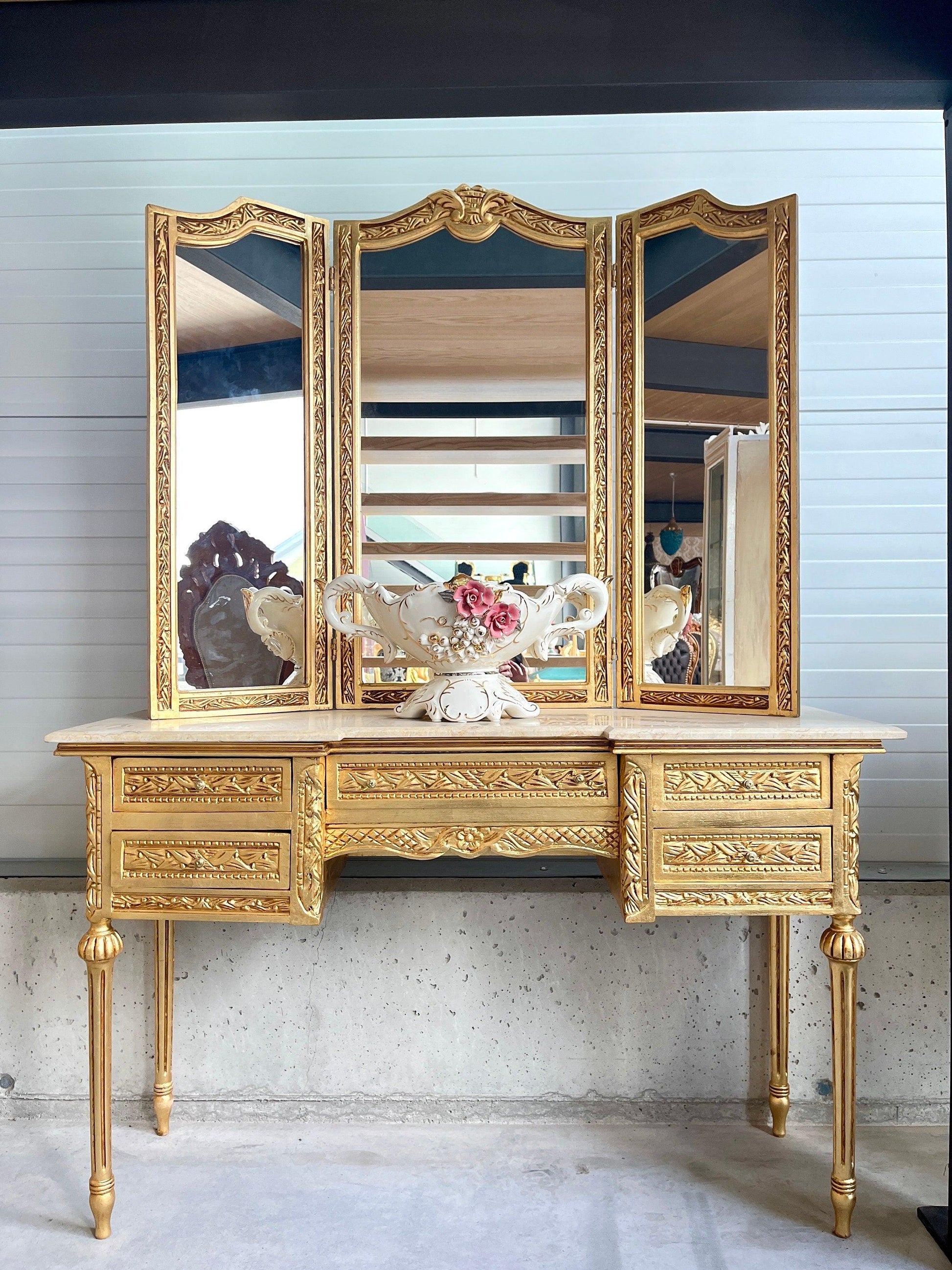 Mirror and Desk Set French Antique Style with Marble Slab Top Wooden Tableع Baroque Rococo Style in Gold Finish for Home Decor