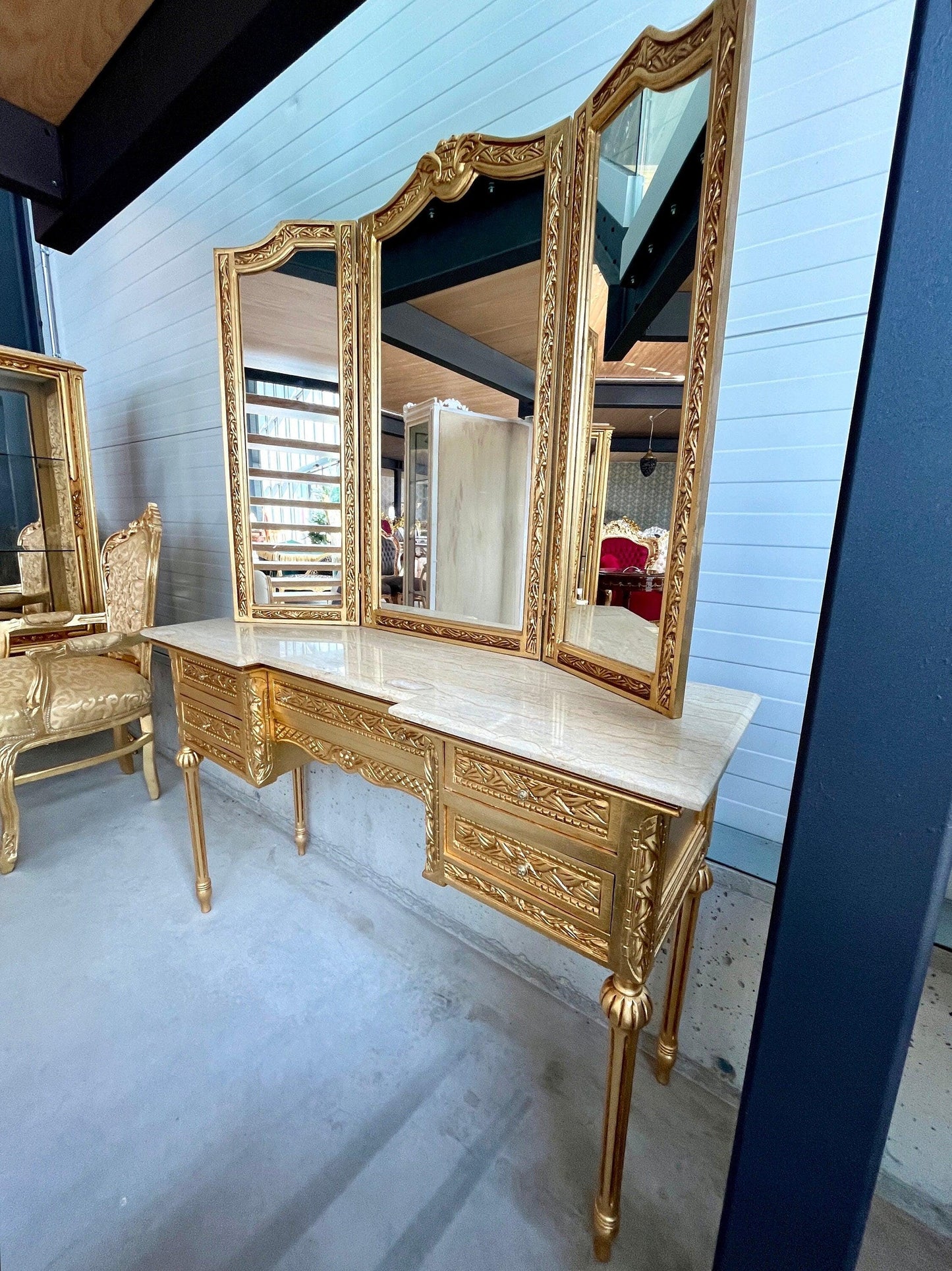 Mirror and Desk Set French Antique Style with Marble Slab Top Wooden Tableع Baroque Rococo Style in Gold Finish for Home Decor