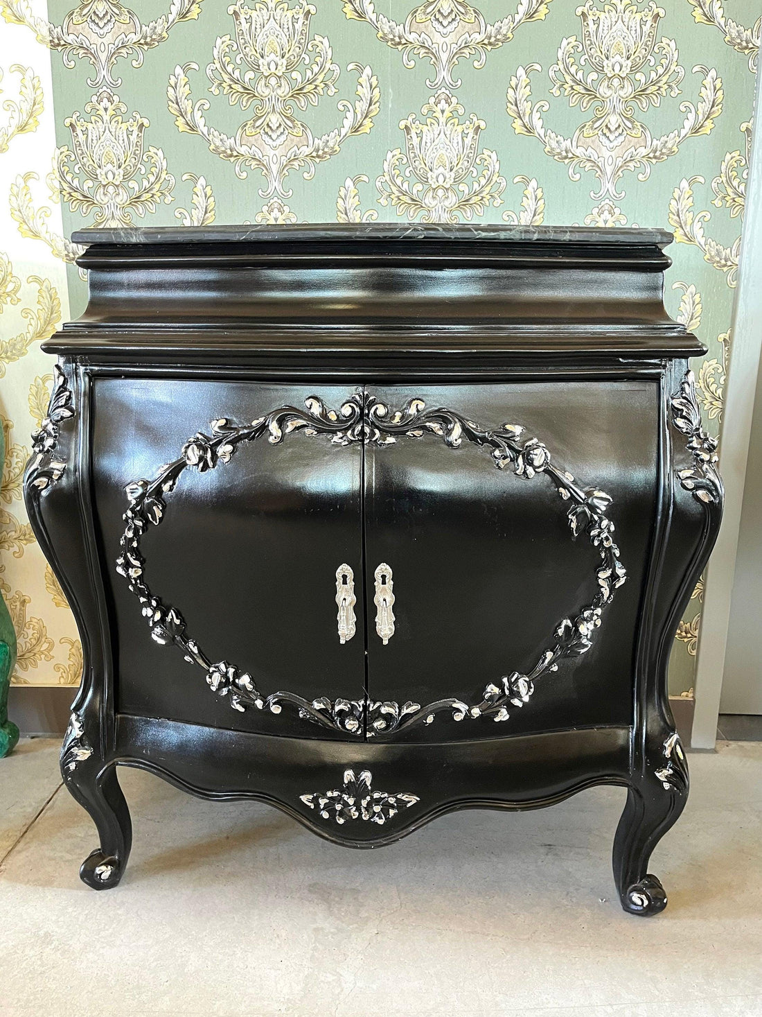 Cabinet Marble Top Home Decor Baroque Style Cabinet Marble Top French Style Cabinet in Black Color Small Cabinet Green Color Marble Top