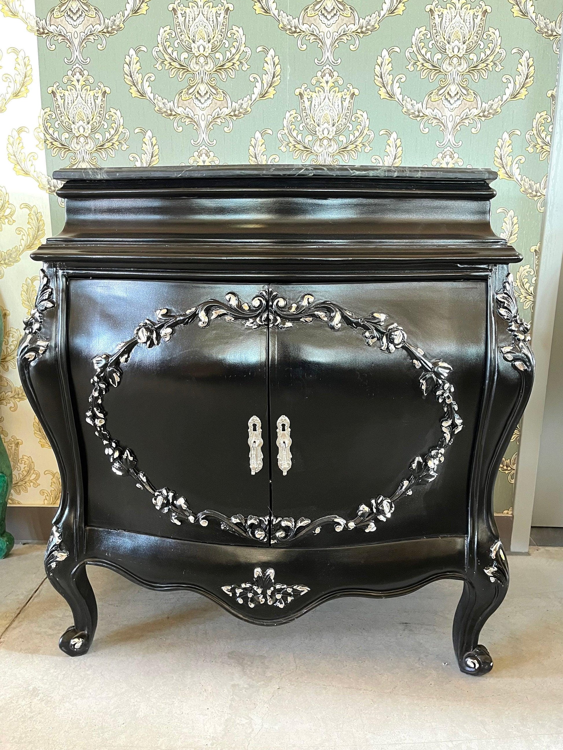 Cabinet Marble Top Home Decor Baroque Style Cabinet Marble Top French Style Cabinet in Black Color Small Cabinet Green Color Marble Top