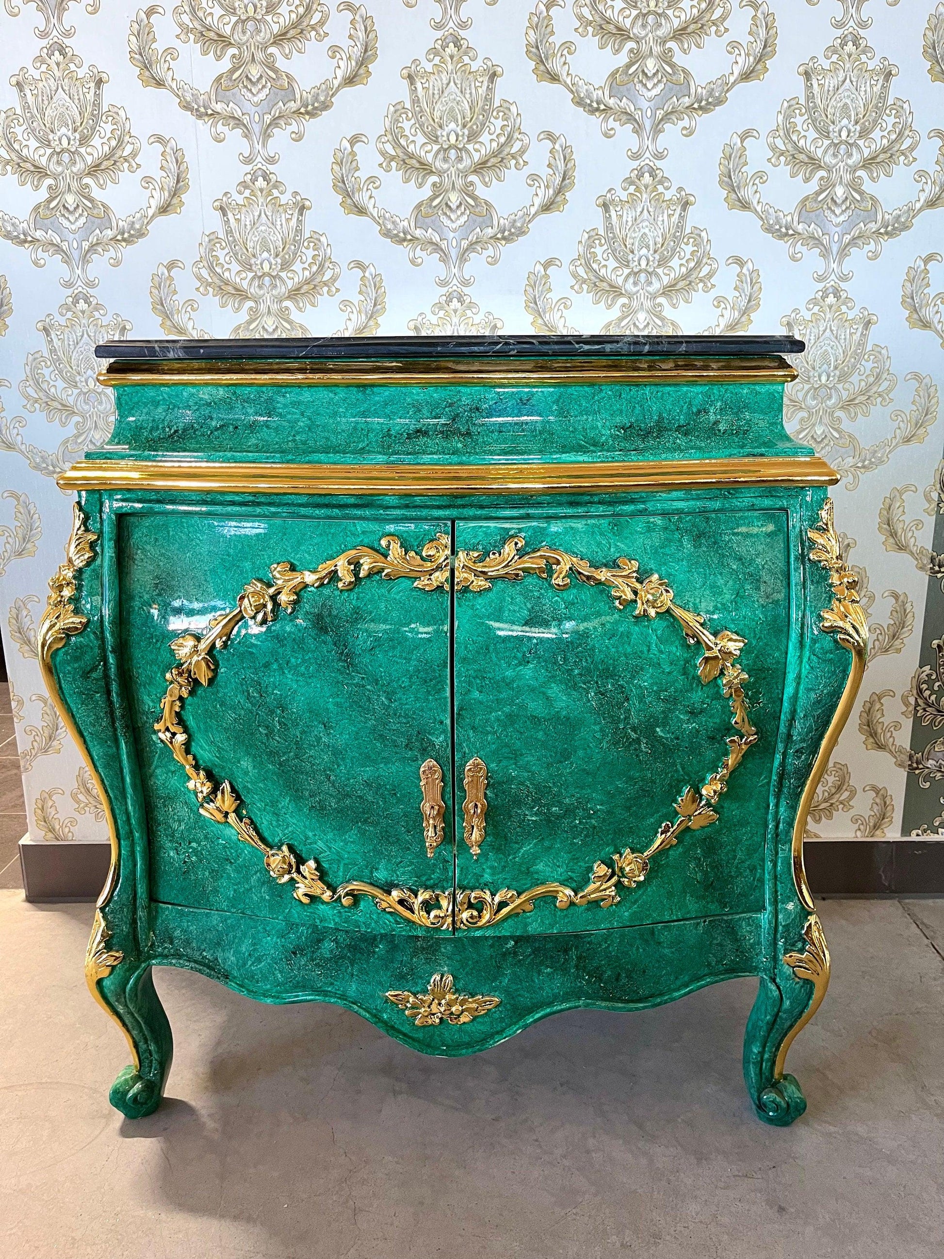 Cabinet Marble Top Home Decor Baroque Style Cabinet Marble Top French Style Cabinet in Black Color Small Cabinet Green Color Marble Top