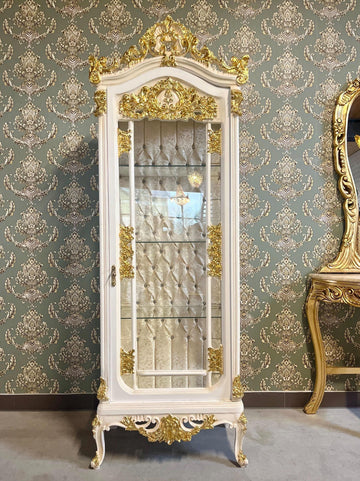Display Cabinet Retro Baroque Style Showcase in Wooden White Color Gold Leaf Decorated Glass Cabinet in Dining Room Furniture