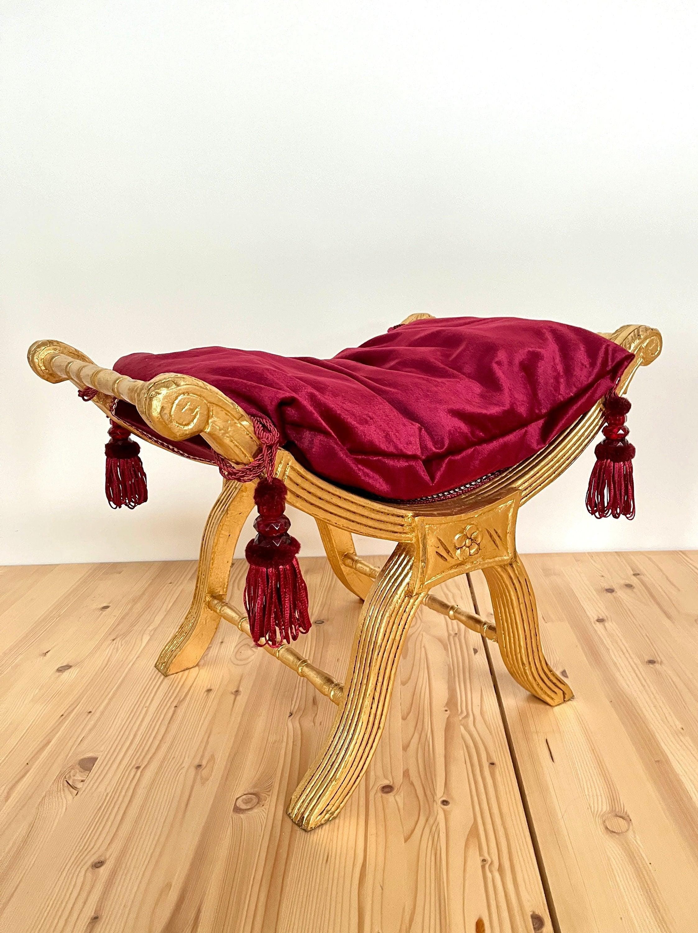 Foot Stool French Louis XV Antique Style Ottoman Retro Baroque Style Hocker with Tassels Bordeaux Gold Leopard Print Seated in Gold Finish