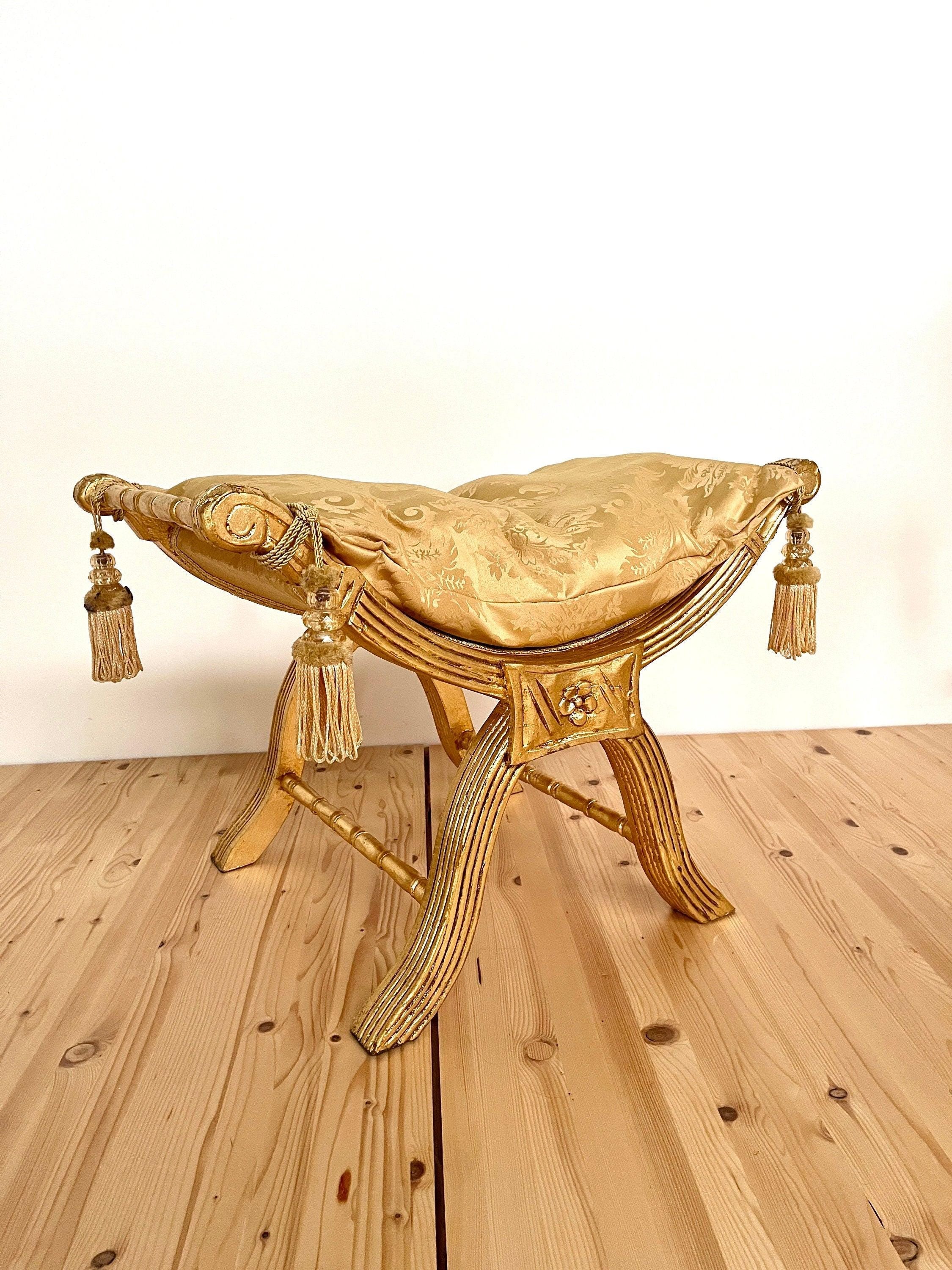 Foot Stool French Louis XV Antique Style Ottoman Retro Baroque Style Hocker with Tassels Bordeaux Gold Leopard Print Seated in Gold Finish