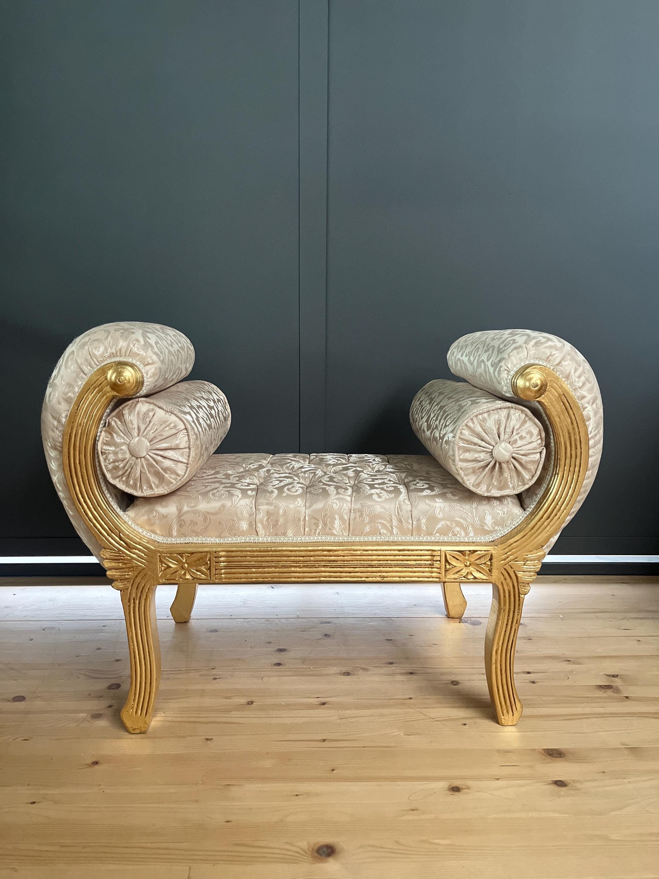 Ottoman French Louis Antique Style Beige Color Bench Retro Baroque Rococo Style in Ivory Color Gold Finish for Home Decor
