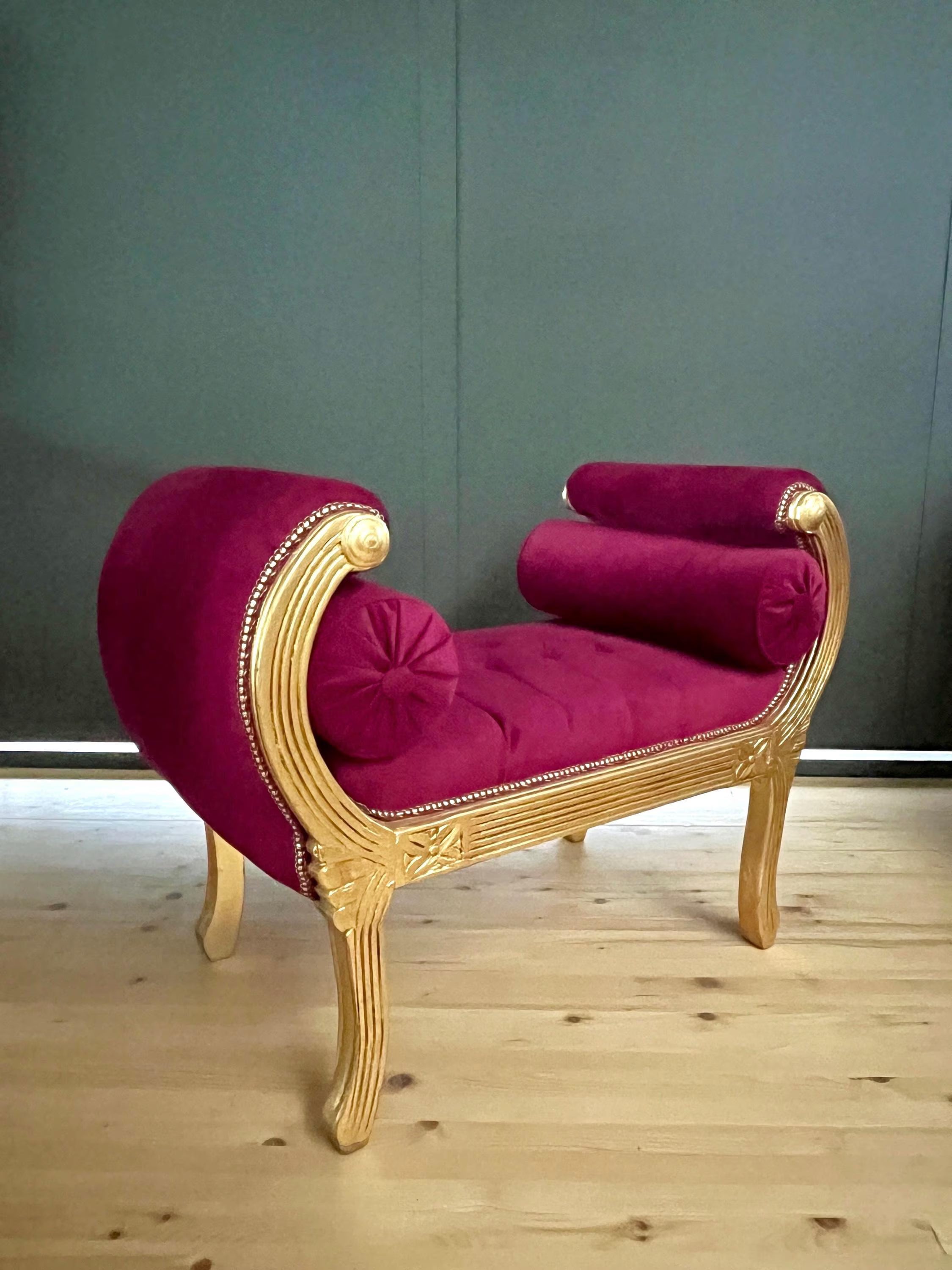 French Louis XV Gold Leaf Bench Red Velvet Leopard Print Hand-Carved Ottoman Footstool