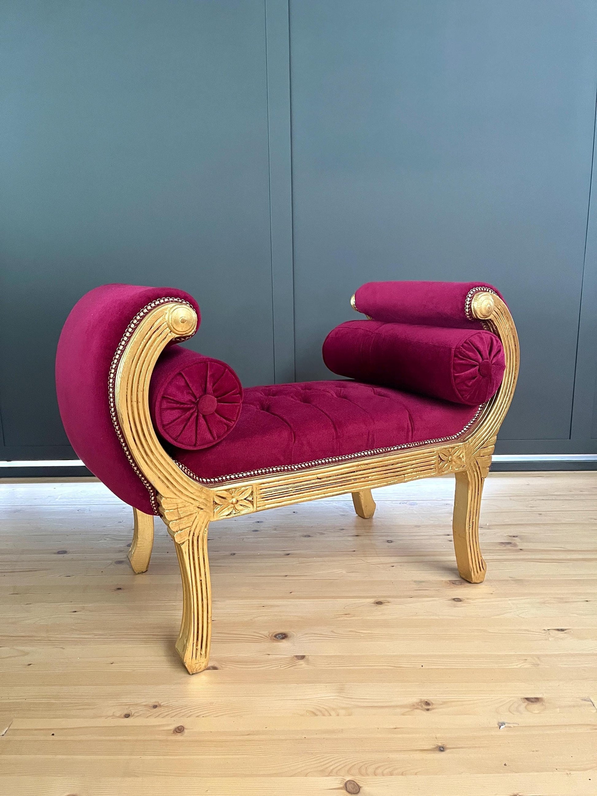 Ottoman Nostalgic French Louis Style Leopard Print Footstool in Gold Finish Ottoman Retro Baroque Style in Xmas Red for Holiday Home Decor
