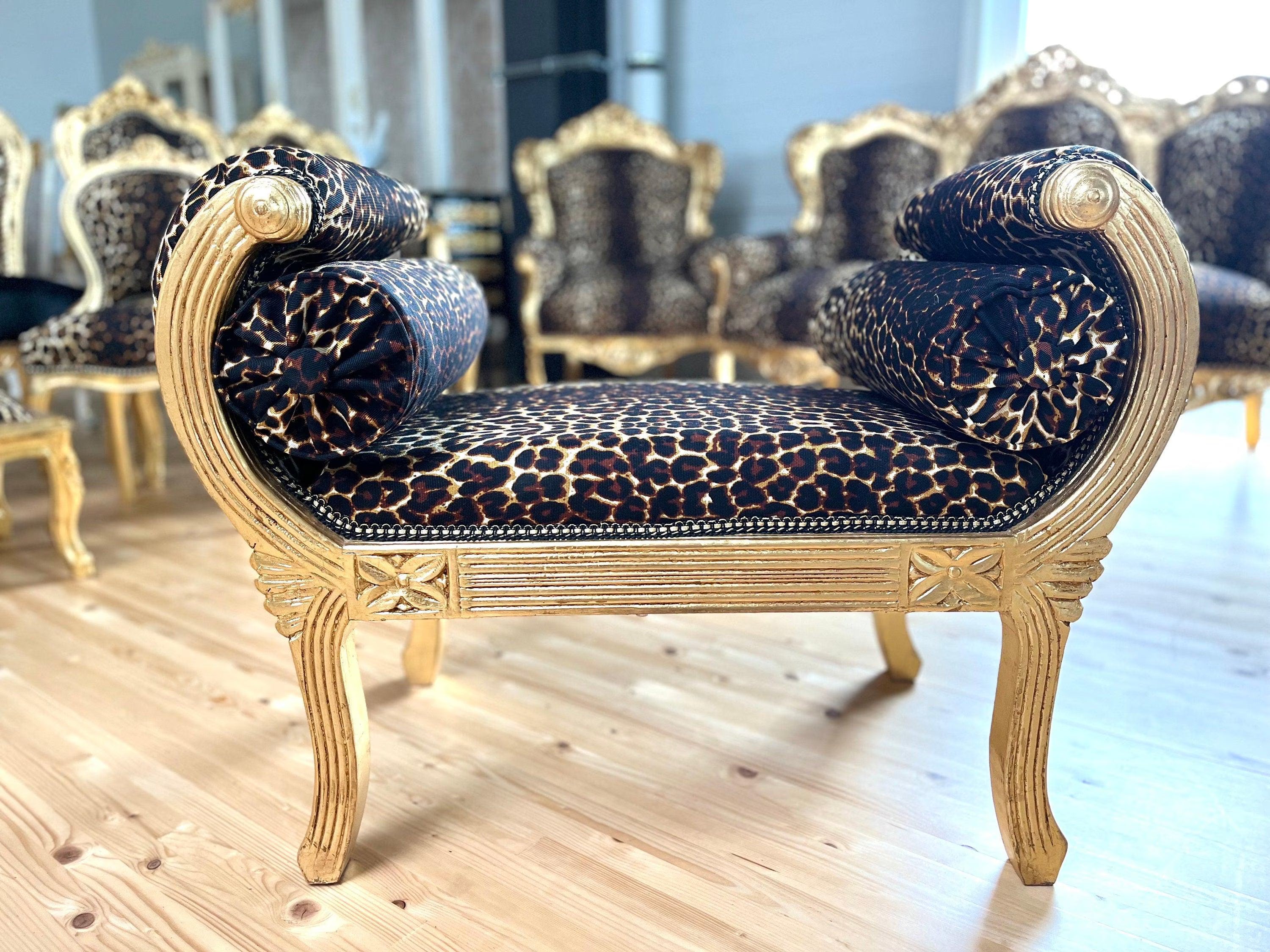 French Louis XV Gold Leaf Bench Red Velvet Leopard Print Hand-Carved Ottoman Footstool