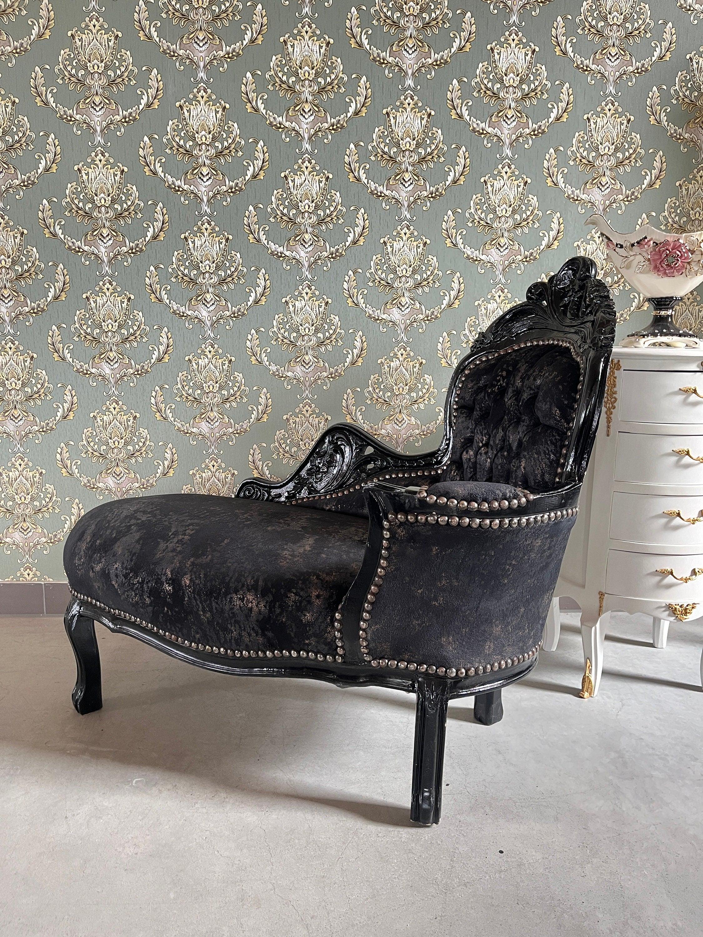 Small Chaise Longue French Louis Style in Midnight Black Retro Baroque Style Bench in Velvet Brown for Home Decor