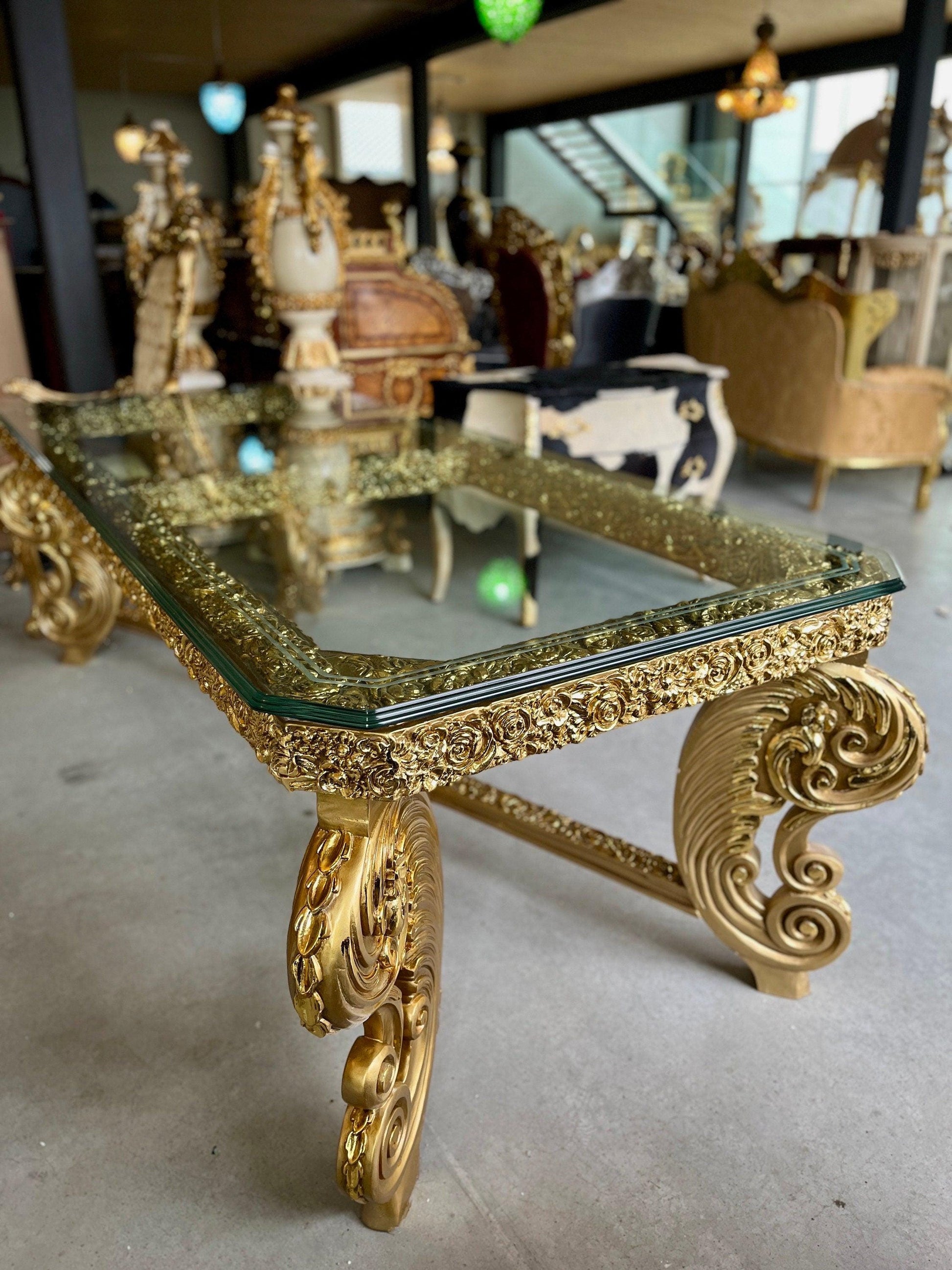 Huge Dining Table Glass Top Extra Long Table Royal Baroque Style Glass Top Table in Gold Finish for Big Family or Hotel Decotation