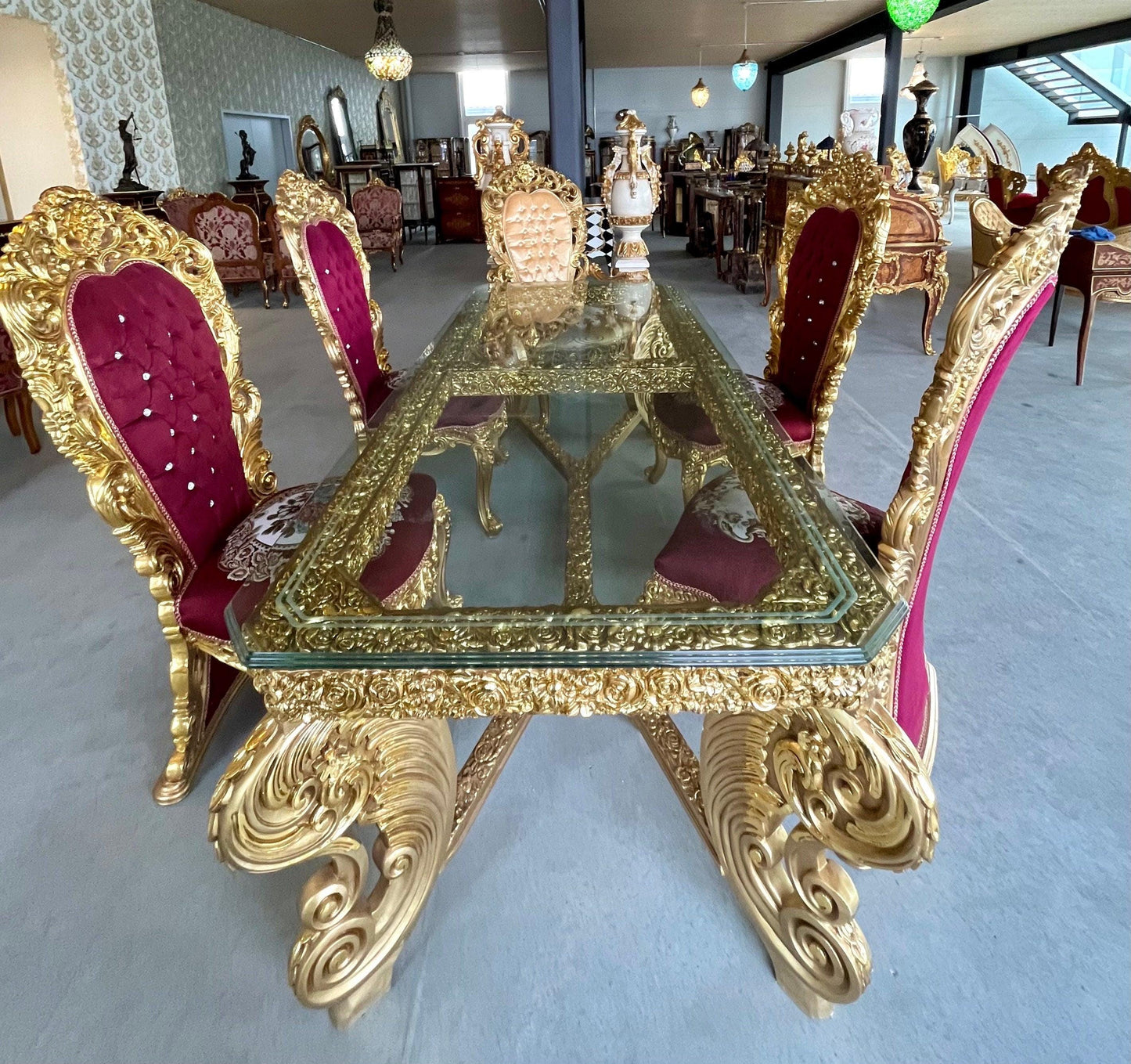 Huge Dining Table Glass Top Extra Long Table Royal Baroque Style Glass Top Table in Gold Finish for Big Family or Hotel Decotation