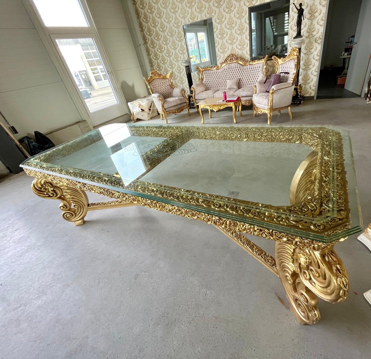 Huge Dining Table Glass Top Extra Long Table Royal Baroque Style Glass Top Table in Gold Finish for Big Family or Hotel Decotation