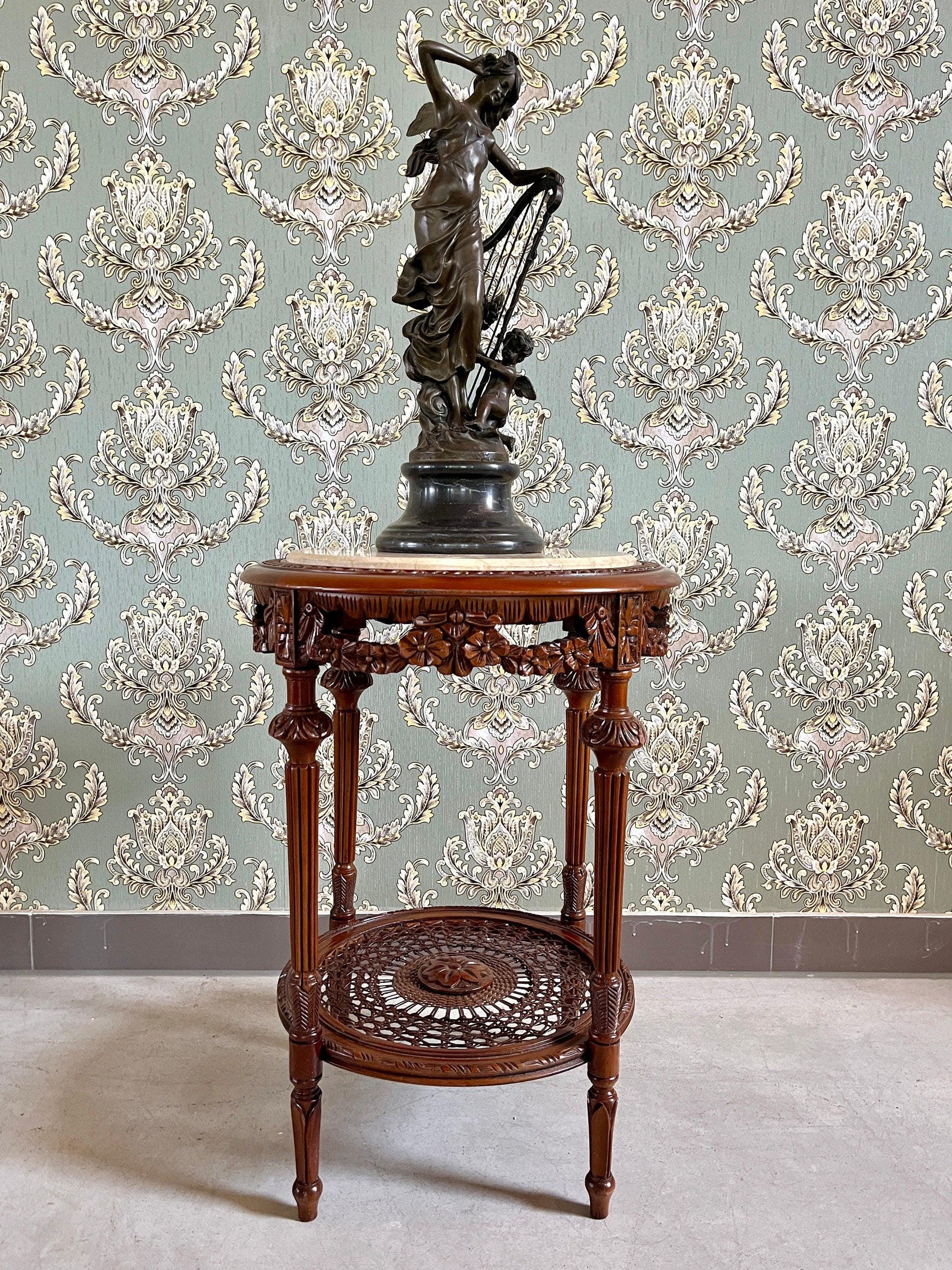 Side Table French Baroque Style with Beige Marble Top Coffee Side Table Antique Style Wooden Table for Home Decor