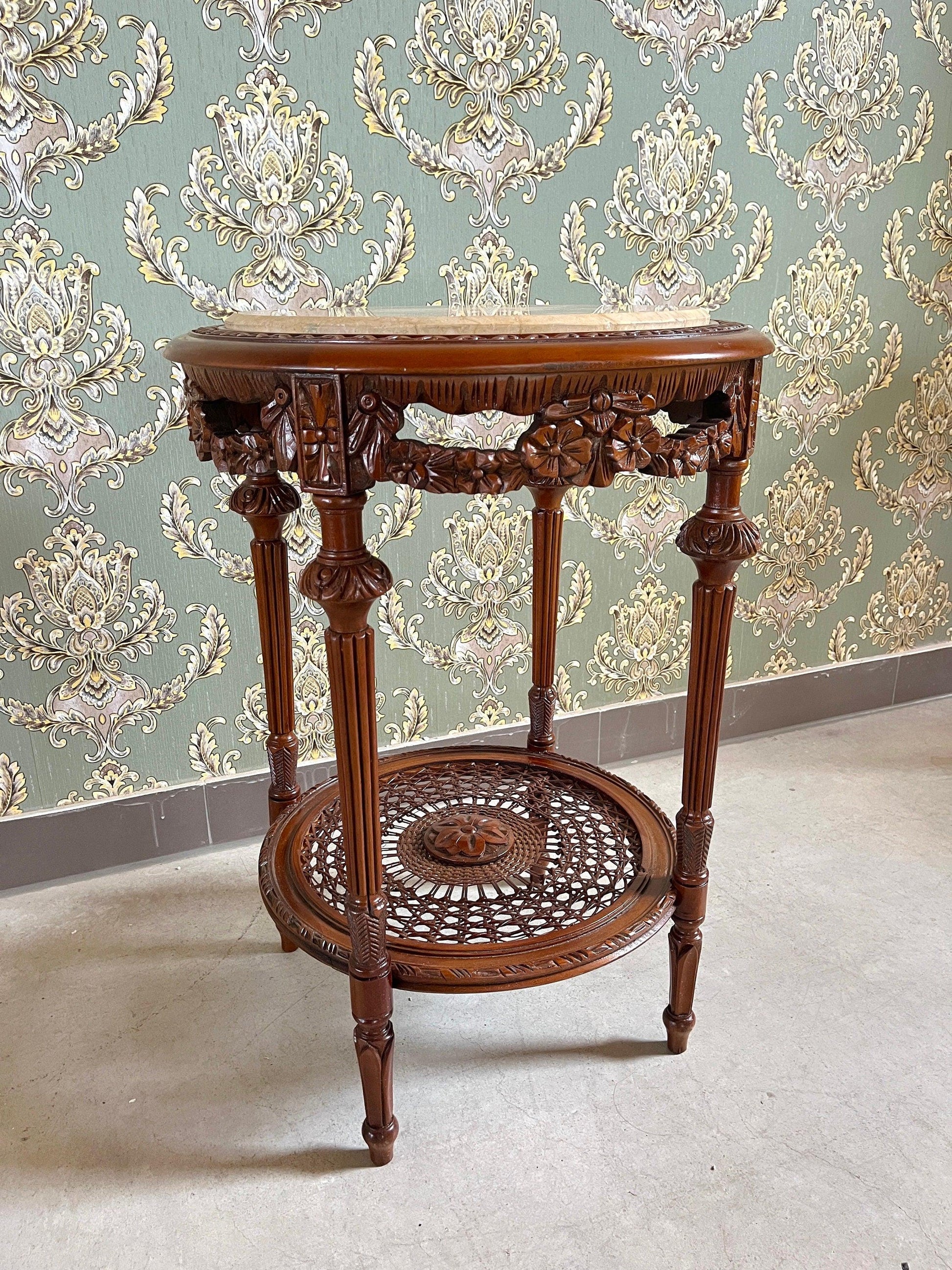 Side Table French Baroque Style with Beige Marble Top Coffee Side Table Antique Style Wooden Table for Home Decor