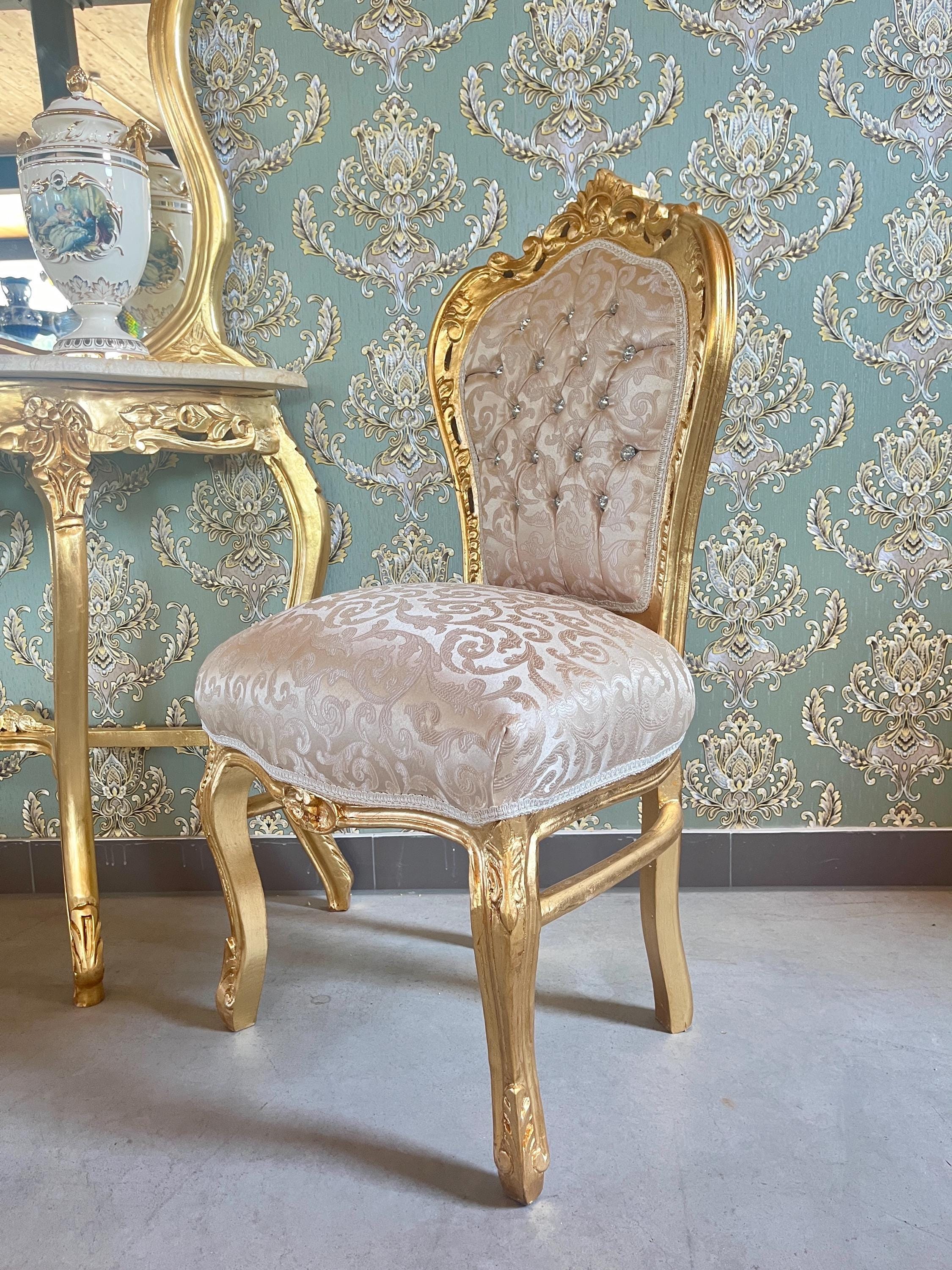 Accent Chair Beige Jacquard Fabric French Baroque Chair Rococo Style Chair Antique Style Reproduction Dining Chair Beige Jacquard Fabric