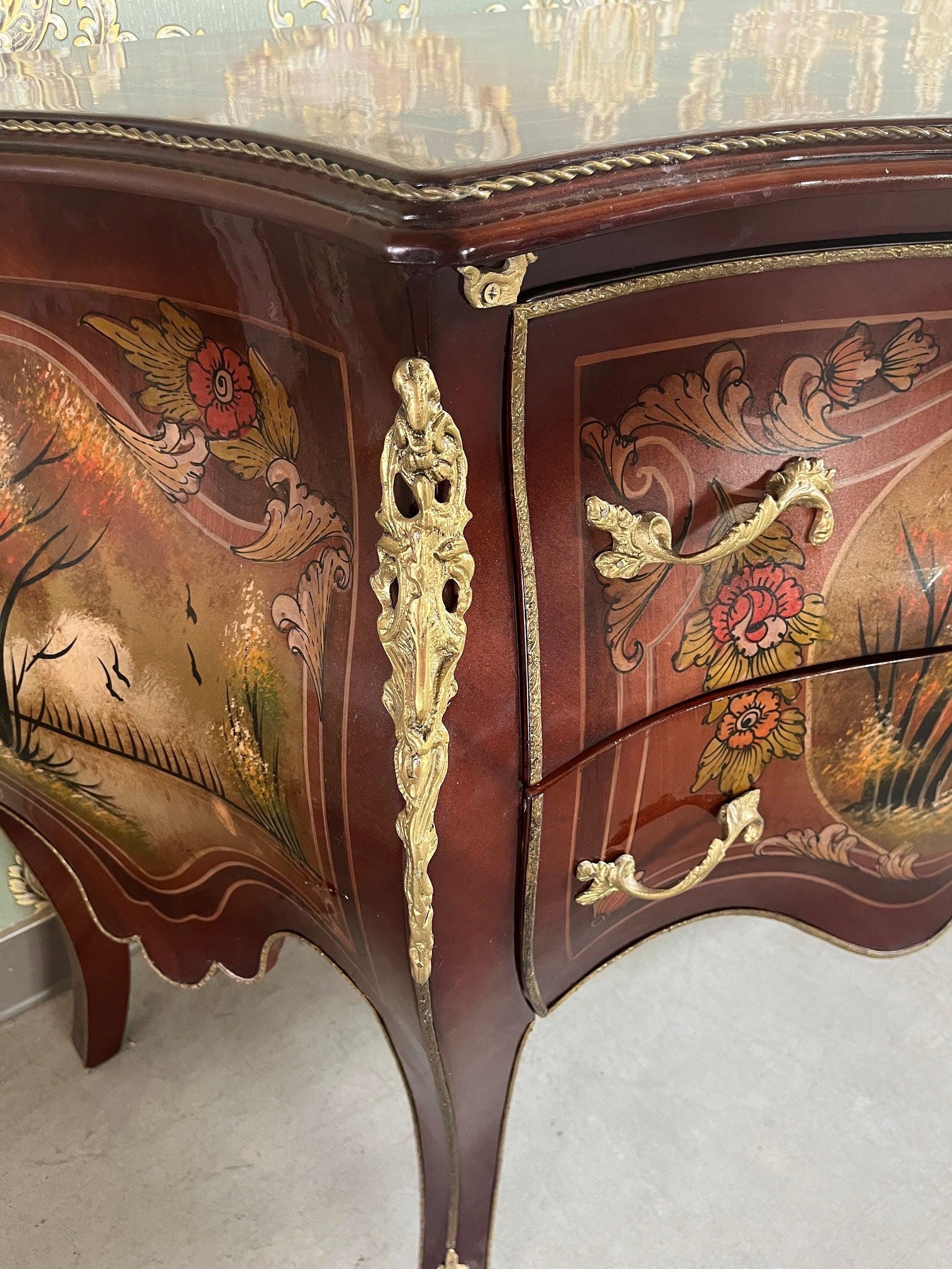 Chest of Drawer Set French Baroque Style Dresser & Night Stand Set Oil Paintings at Top Nostalgic Style Cabinet for Bedroom Decor