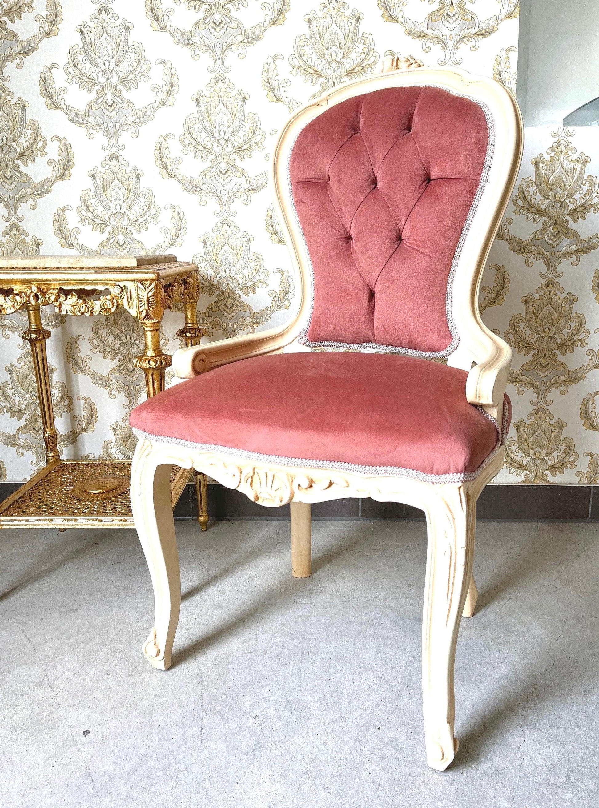 Accent Chair Classic Baroque Style in Beautiful Rose Berry Velvet French Louis Style Chair Beige Wooden Frame for Lounge Room