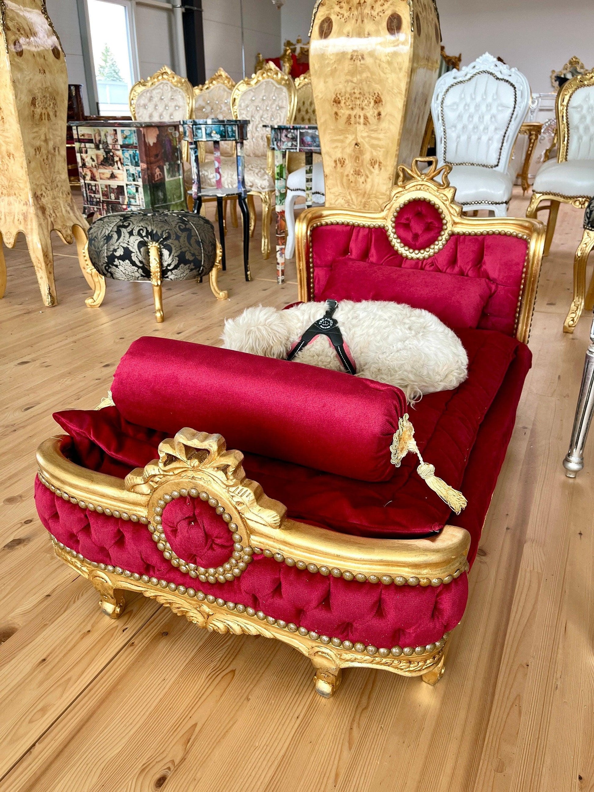 Pet Bed French Louis Baroque Style Big Size Dog Bed with Blanket n Pillow for Home Decor Velvet Red Velvet Blue & Hot Pink Gold Finish