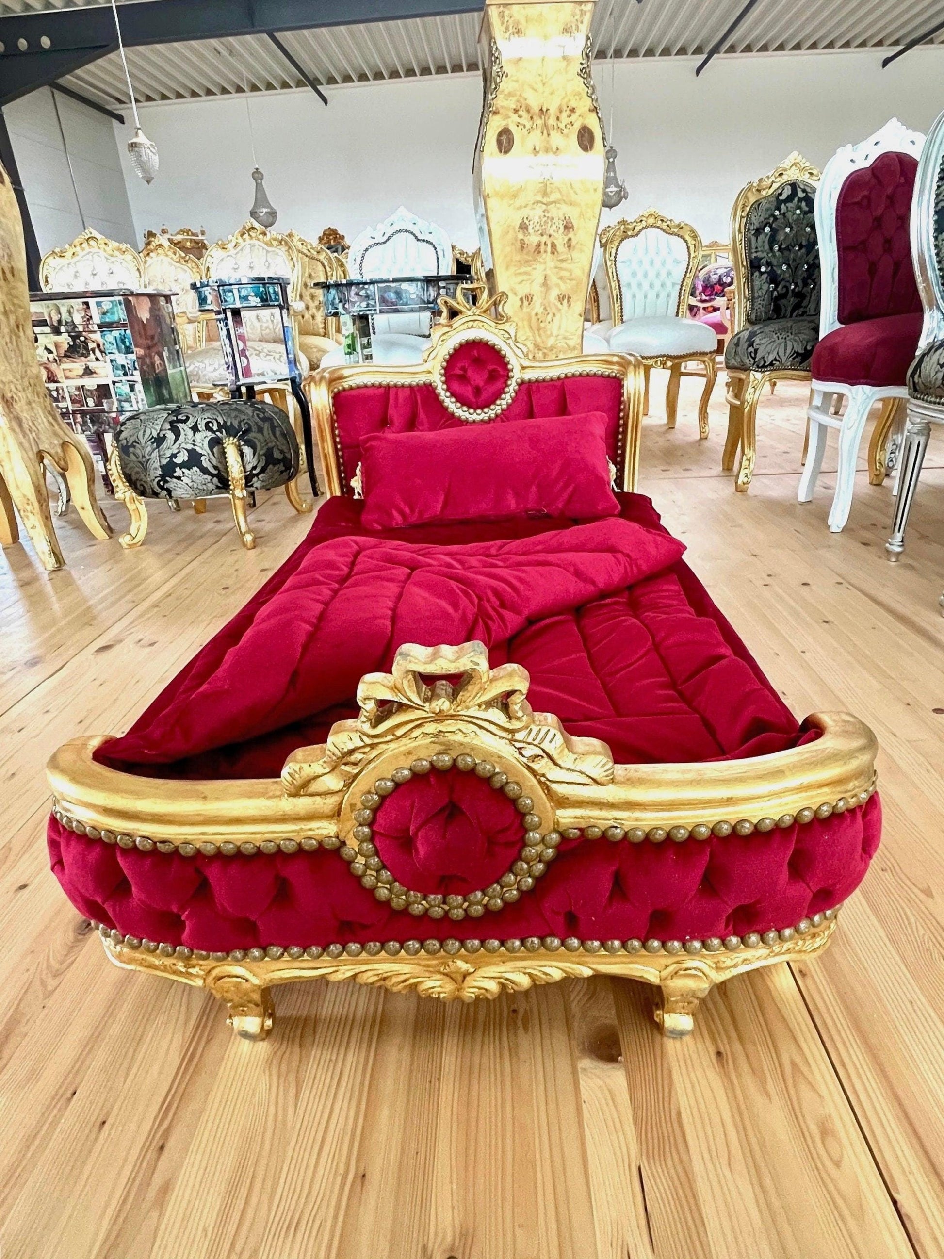 Pet Bed French Louis Baroque Style Big Size Dog Bed with Blanket n Pillow for Home Decor Velvet Red Velvet Blue & Hot Pink Gold Finish