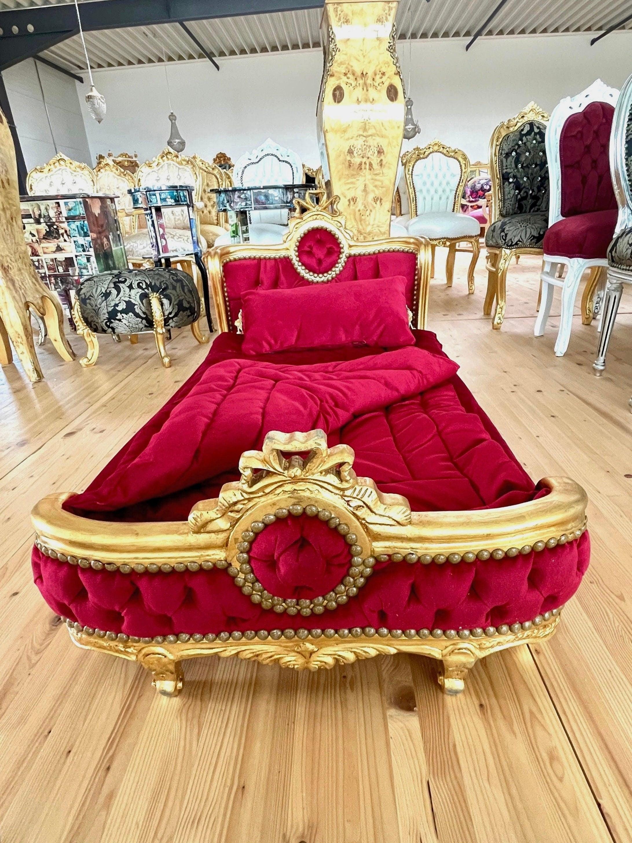 Pet Bed French Louis Baroque Style Big Size Dog Bed with Blanket n Pillow for Home Decor Velvet Red Velvet Blue & Hot Pink Gold Finish