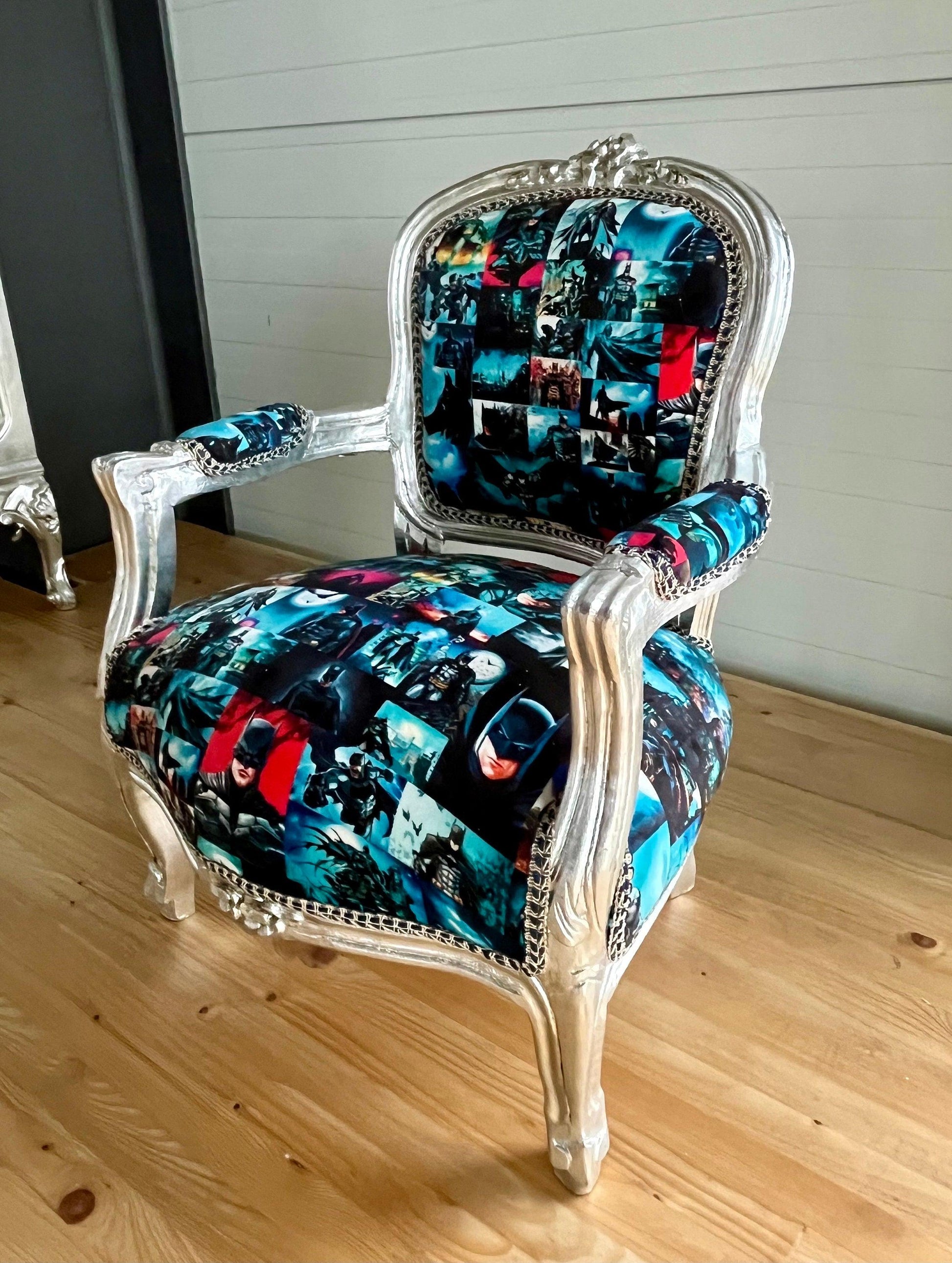 Cute Kid’s Chair French Louis Baroque Style Batman Spider Man Cartoon Prints Kids Armchair in Gold or Silver Finish