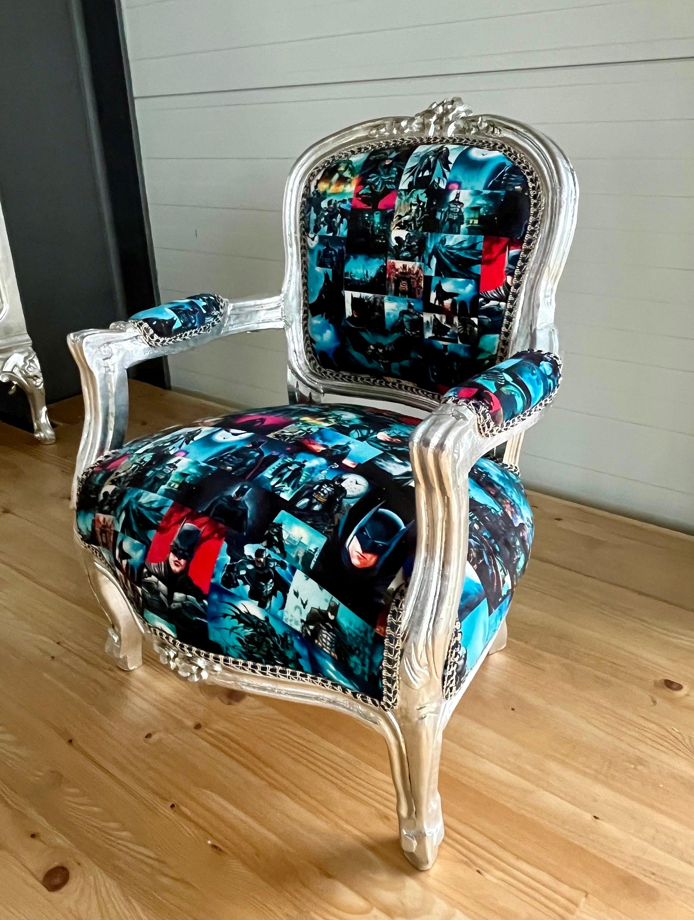 Cute Kid’s Chair French Louis Baroque Style Batman Spider Man Cartoon Prints Kids Armchair in Gold or Silver Finish