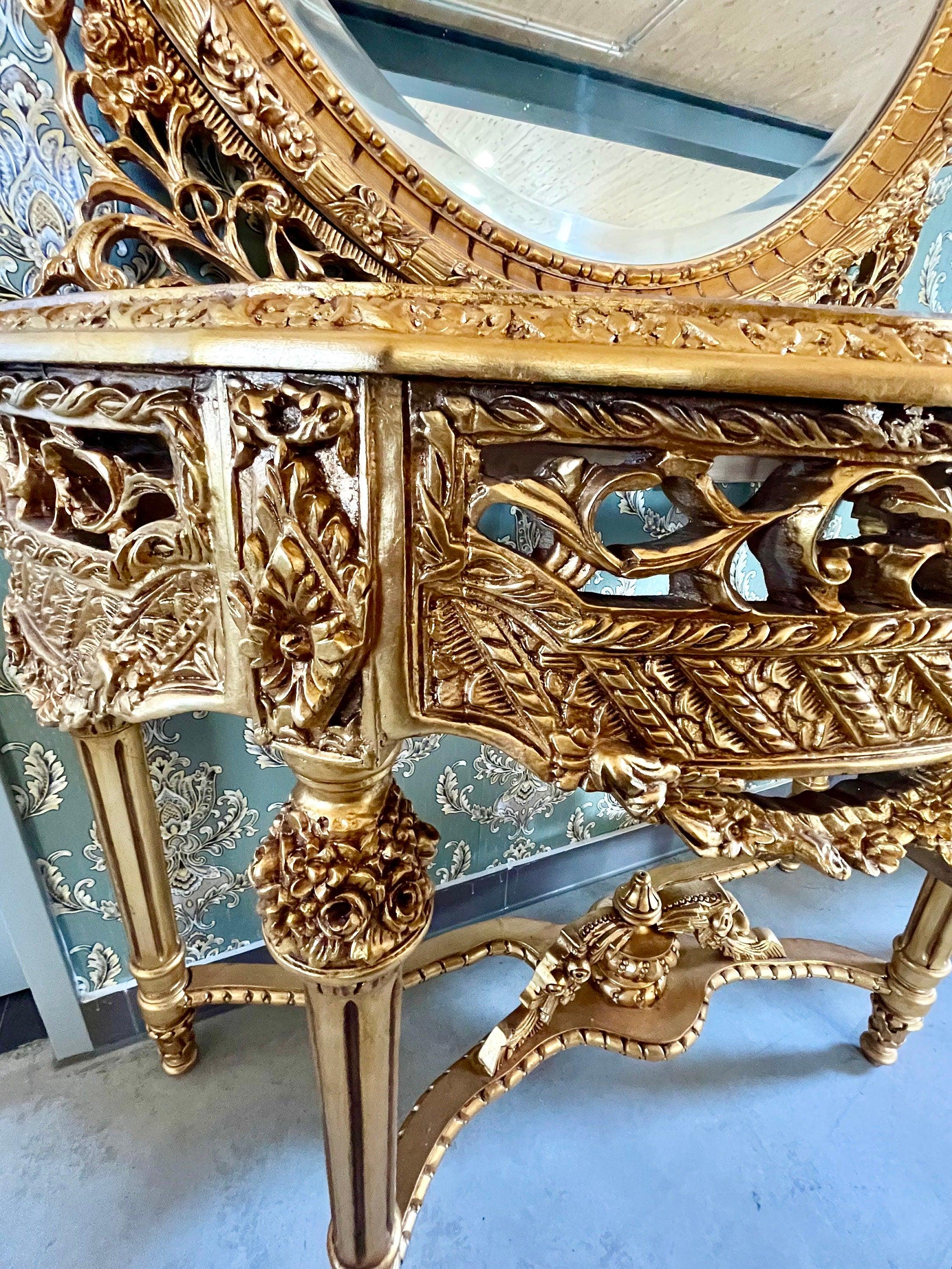 Console Table & Round Mirror Royal Baroque Antique Style Console Table Marble Top in Gold Finish for Villa House Hotel Lobby Decor