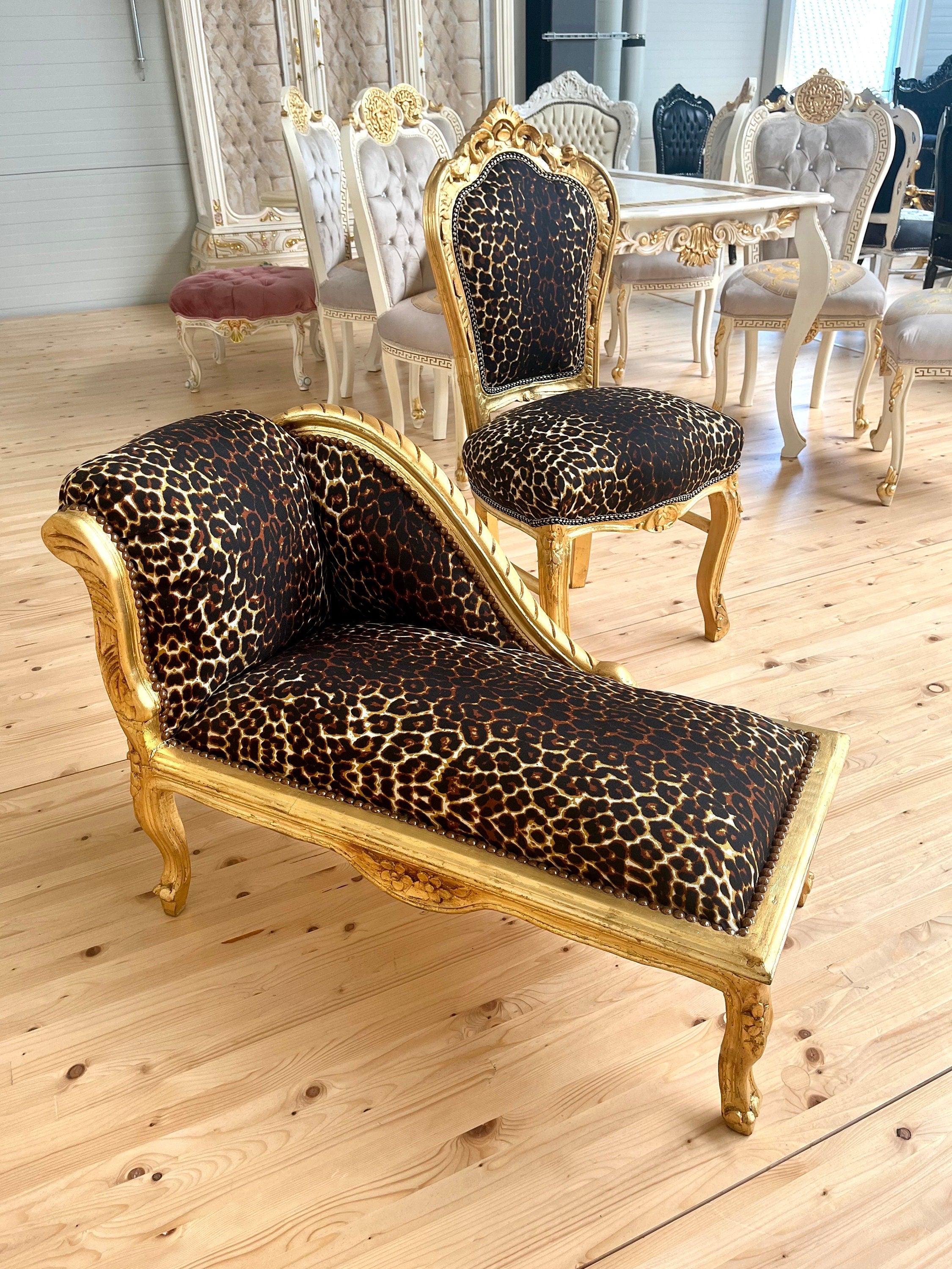 Bench French Louis Style SMALL Longue Bench Leopard Print Retro Baroque Style Ottoman for Home Decor Ottoman or Bench in Gold Finish