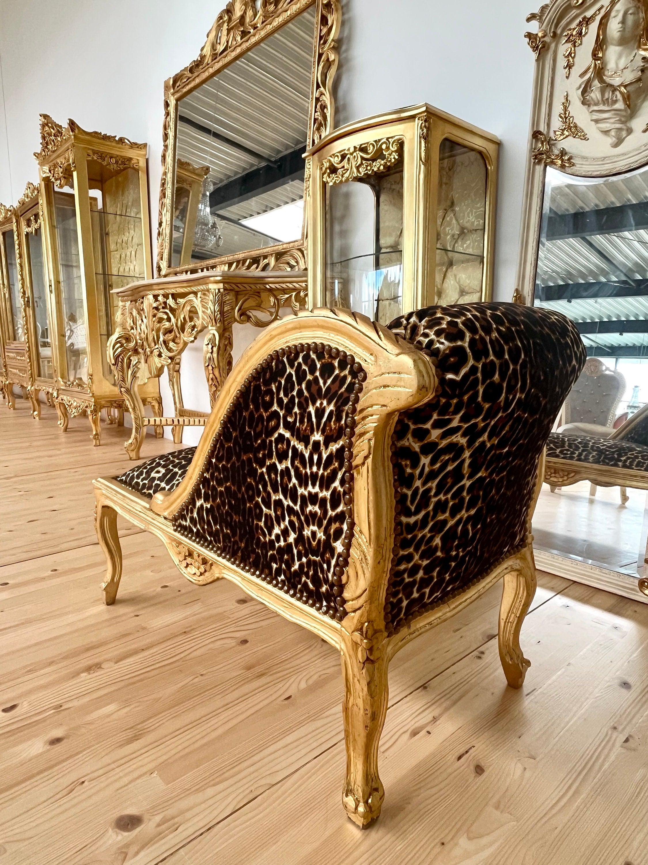 Bench French Louis Style SMALL Longue Bench Leopard Print Retro Baroque Style Ottoman for Home Decor Ottoman or Bench in Gold Finish