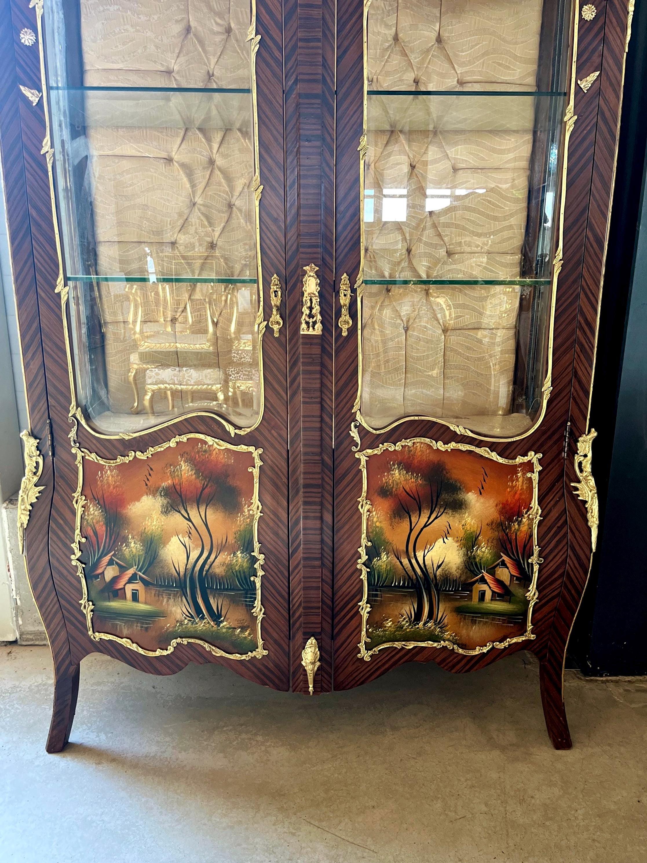 Vitrine Retro Baroque Style Display Cabinet French Antique Style Wooden Glass Showcase in Oil Painted for Home Decoration