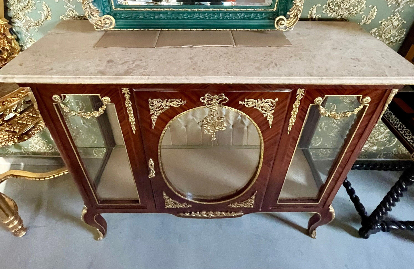 Showcase Wood Marble Brass Home Decor French Baroque Style Marble Top Wood Showcase French Louis XV Style Showcase Antique Style for Home