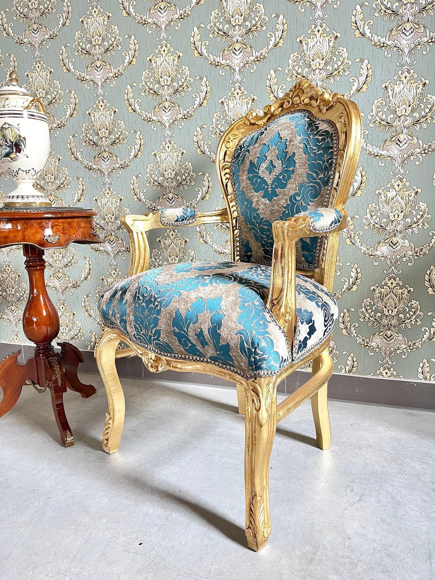 Armchair French Louis Style Accent Chair Baroque Rococo Antique Style in Pink or Turquoise Floral Pattern for Home Decor for Lodge Lobby