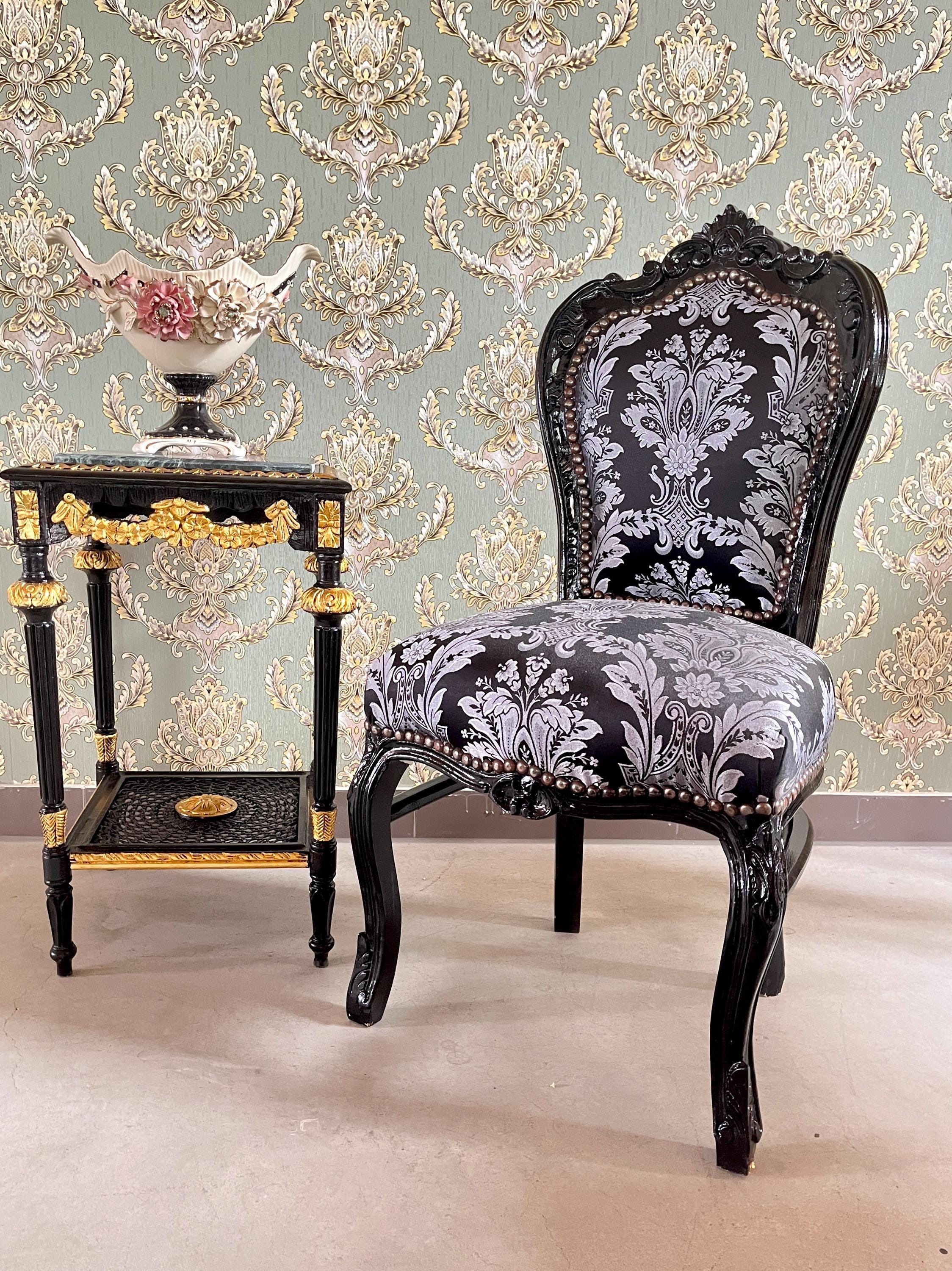 Accent Chair Black Colour French Louis Dining Chair in Black Floral Pattern Retro Baroque Rococo Style Chair for Home Décor
