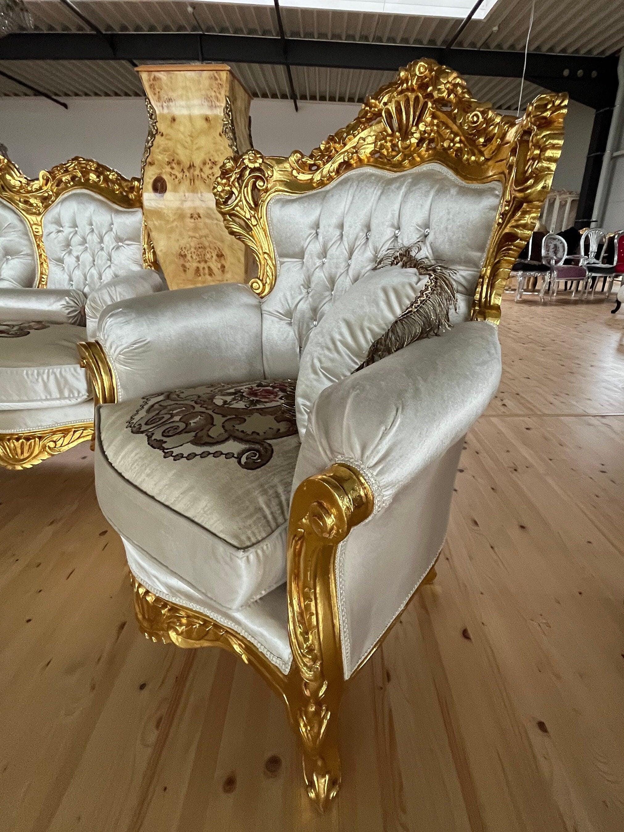 Sofa Set French Louis XV Style Settee Marble Slab Top Caffè Table Retro Baroque Style Sofa Set in Bright Ivory Velvet for Home Decor